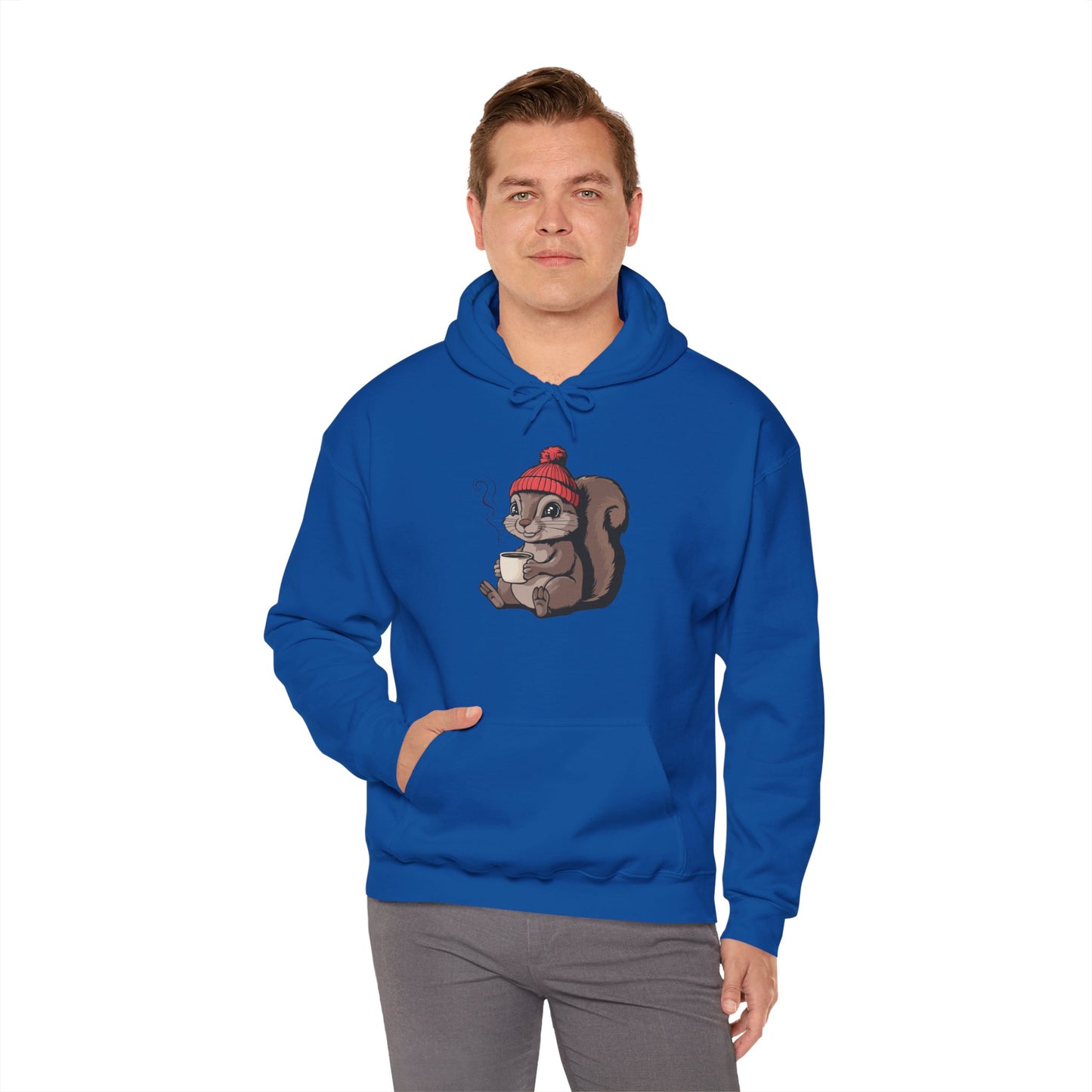 Cozy Squirrel  Pullover Hoodie Unisex Heavy Blend Hooded Sweatshirt with Squirrel in Beanie with Cup Of Coffee Graphic Print