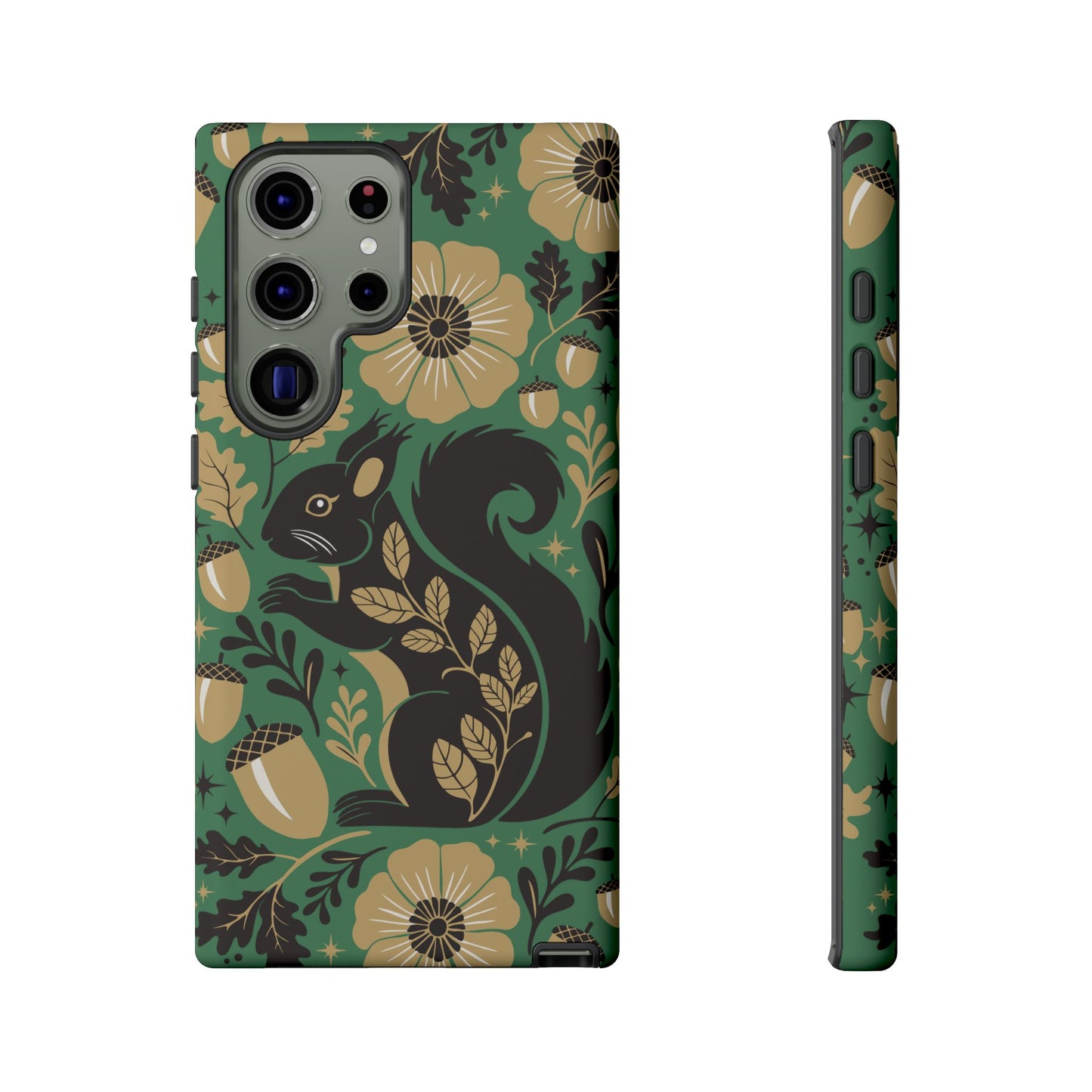 Green Squirrel Floral Pattern Cell Phone Case | Botanical Folk Art Acorn Leaves Design, Iphone Google Pixel Samsung Cases Matte Finish