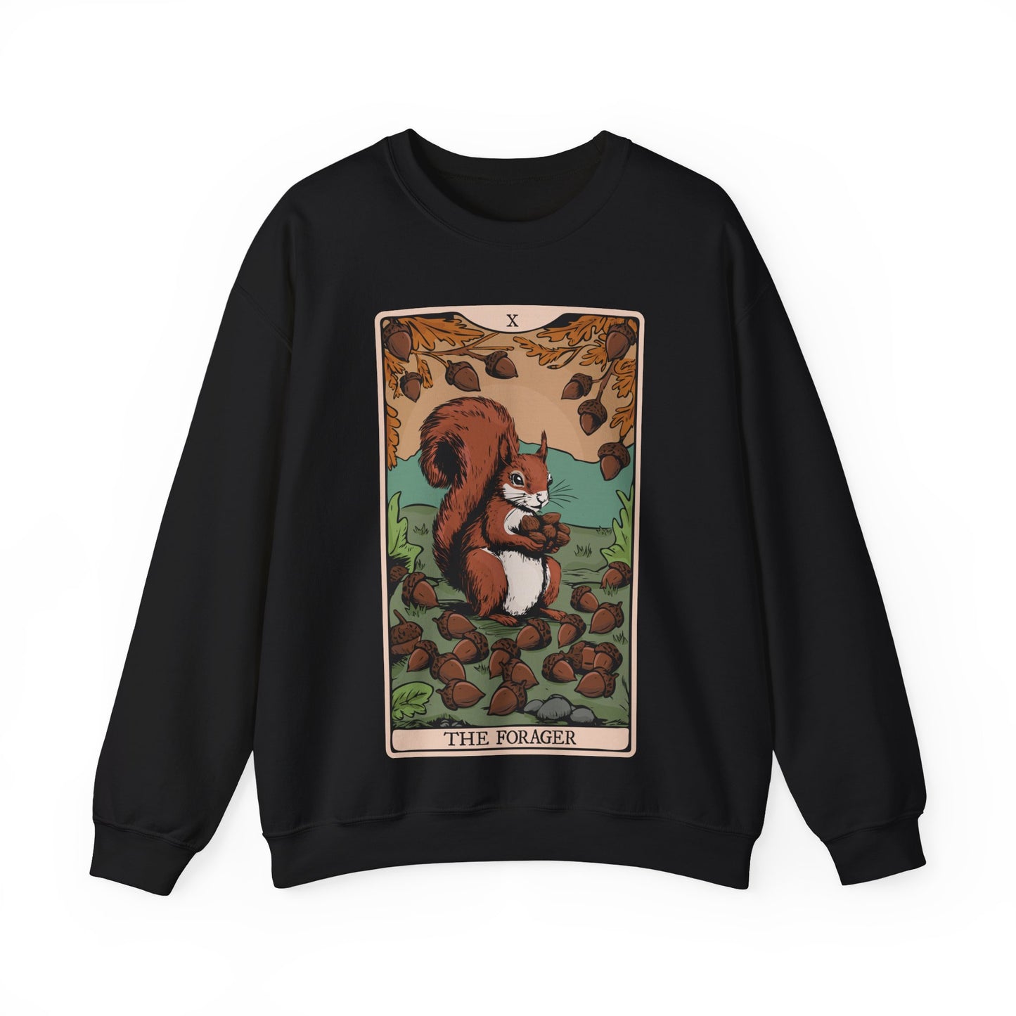 The Forager Squirrel Tarot Card Crewneck Sweatshirt, Long Sleeve Pullover Sweatshirts with Nut Foraging Squirrels Tarot Cards Print