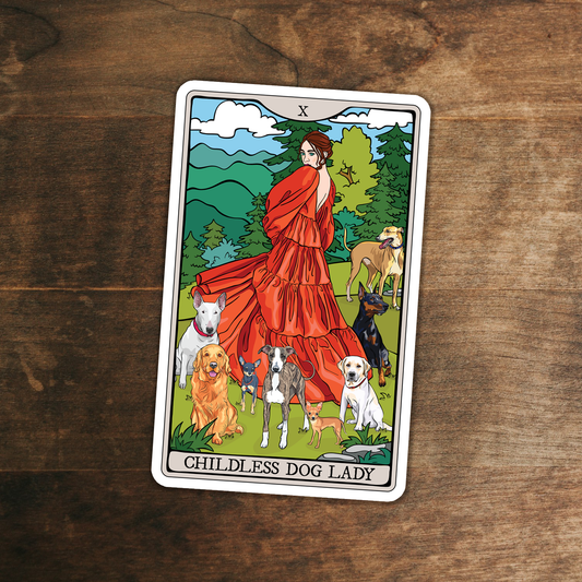 3.5" Childless Dog Lady Tarot Card Sticker - Waterproof, Fade-Resistant Decal Stickers Child-Free Woman and Dogs Design