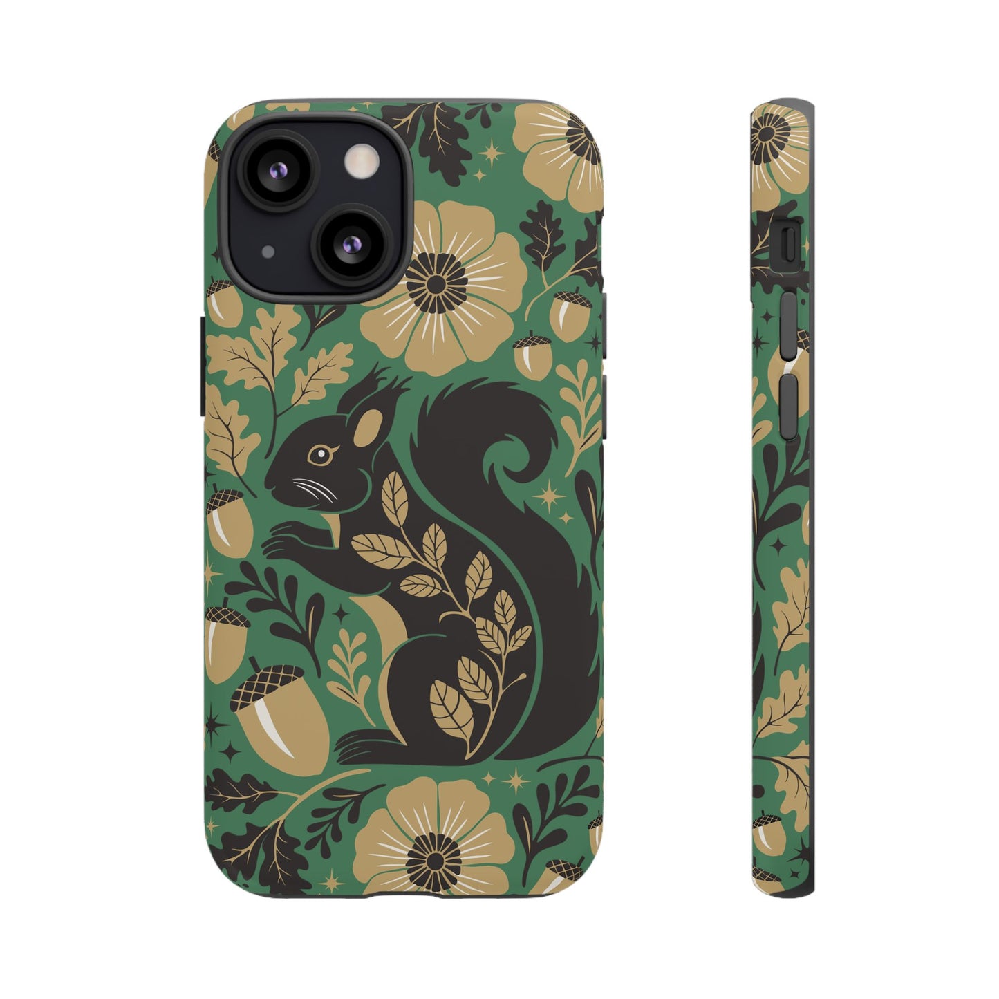 Green Squirrel Floral Pattern Cell Phone Case | Botanical Folk Art Acorn Leaves Design, Iphone Google Pixel Samsung Cases Matte Finish