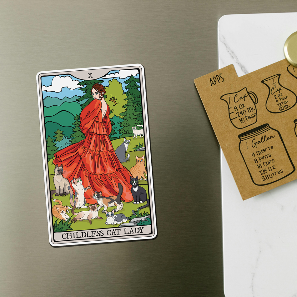 Childless Cat Lady Tarot Card Magnet - 4" Cat Ladies Vinyl Fridge Magnets Indoor Outdoor, Child-Free Woman & Cats