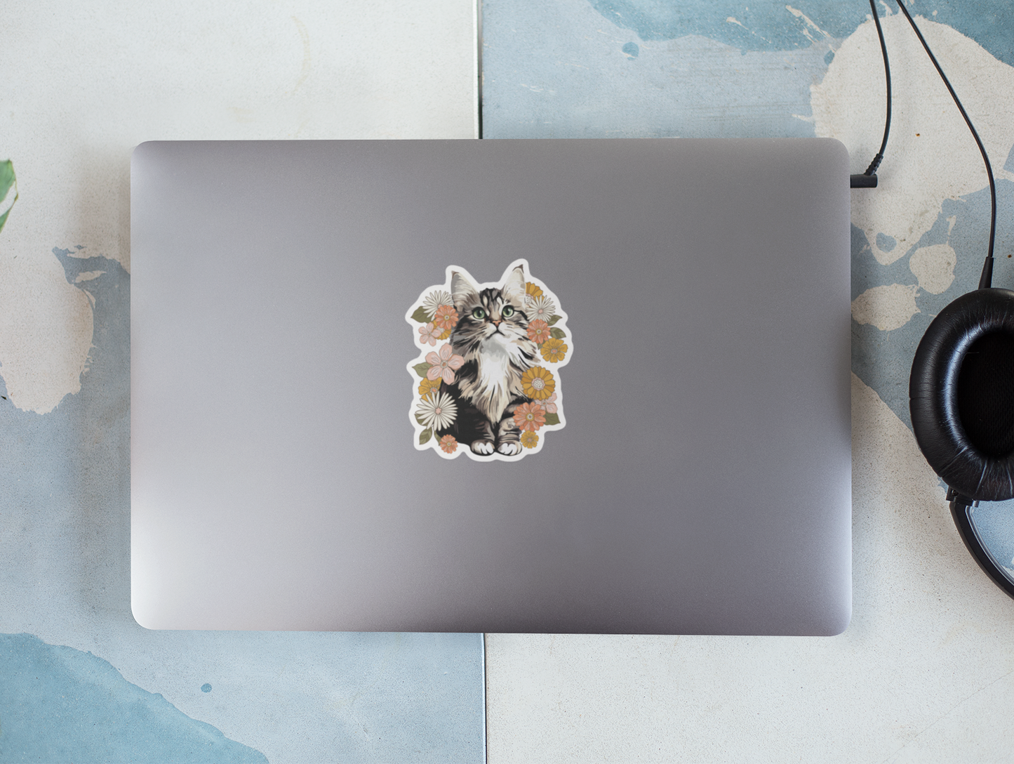 4" Fluffy Kitty In Flowers Sticker - Waterproof, Fade-Resistant Decal Stickers Floral Cat Design