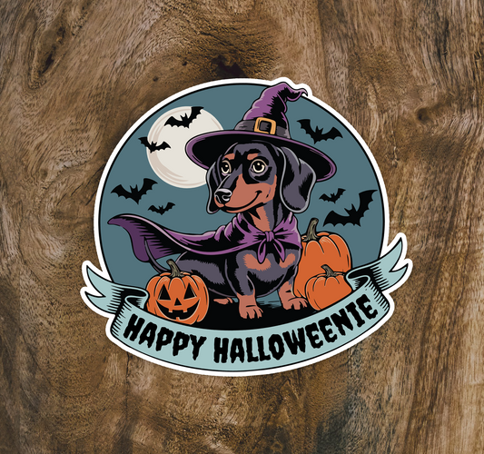 Halloweenie Dachshund Wiener Dog Sticker - 3" Witchy Halloween Dogs Vinyl Decal Stickers Spooky Witch Trick-or-Treat Waterproof Decals