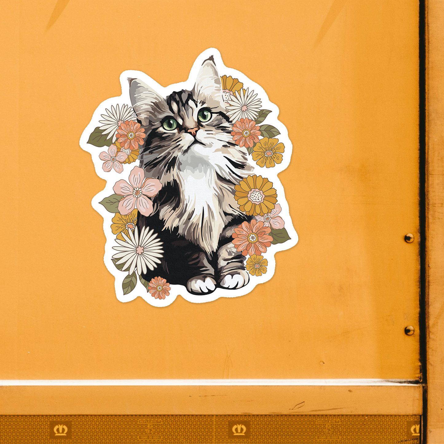 4" Fluffy Kitty In Flowers Sticker - Waterproof, Fade-Resistant Decal Stickers Floral Cat Design