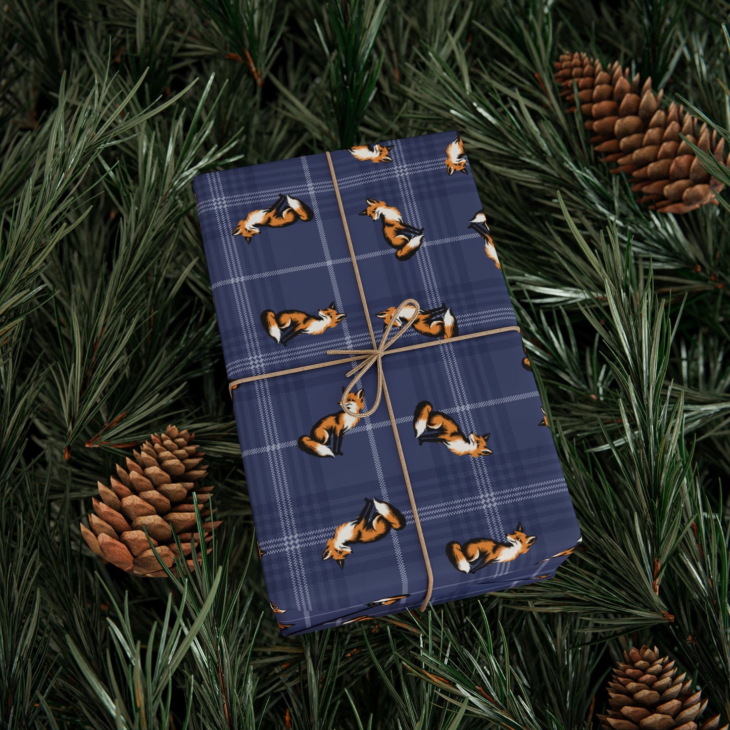 Fox Pattern Wrapping Paper, Foxes Blue Plaid Gift Wrap Roll, Woodland Animal Holiday, Birthday, Christmas, Anniversary Matte Finish