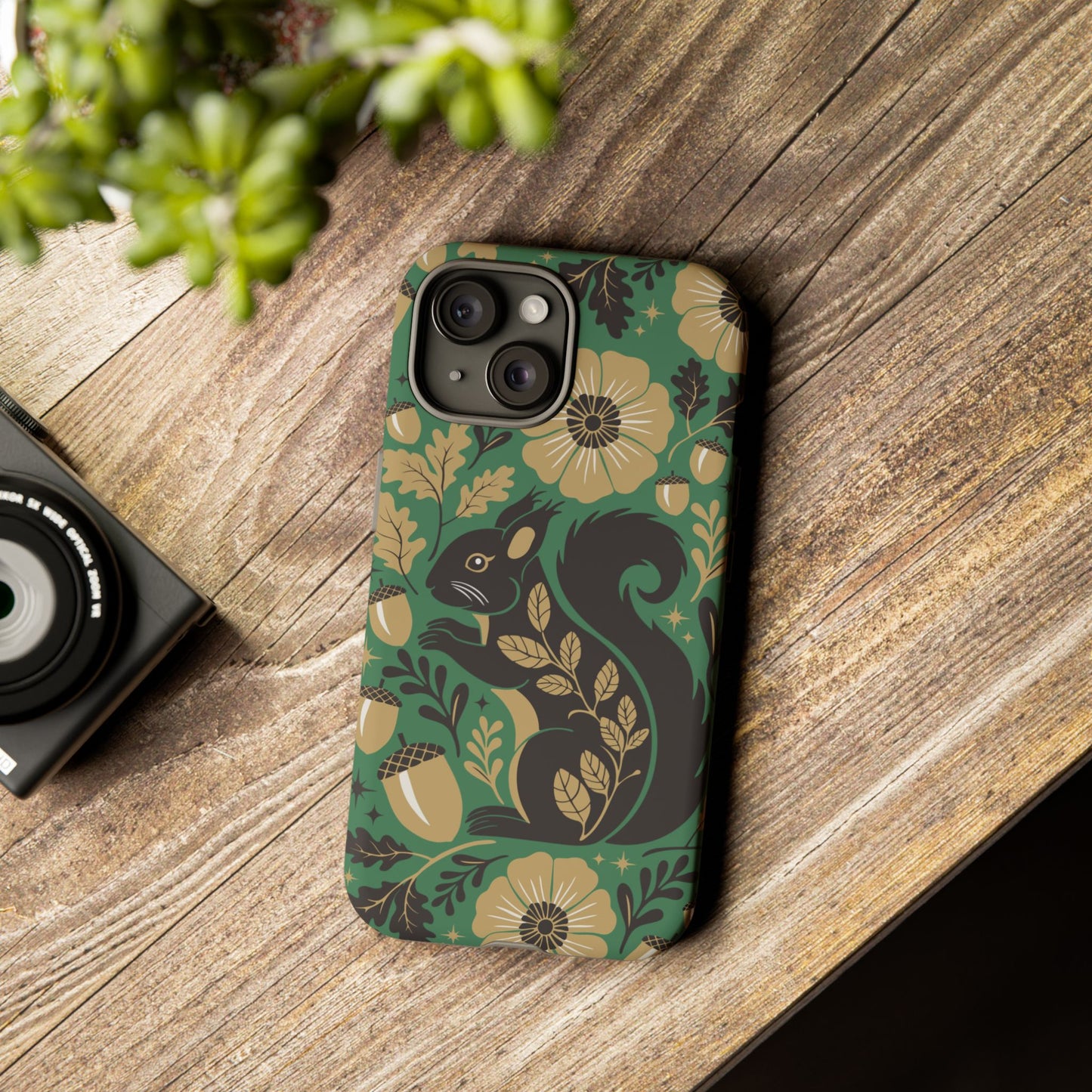Green Squirrel Floral Pattern Cell Phone Case | Botanical Folk Art Acorn Leaves Design, Iphone Google Pixel Samsung Cases Matte Finish