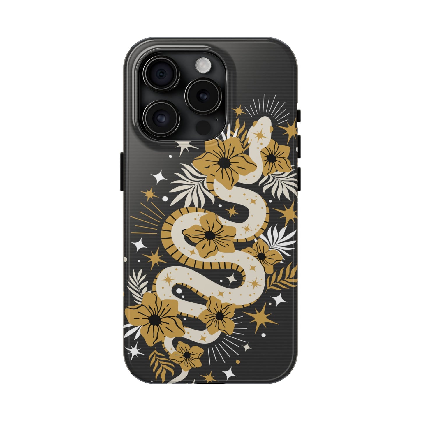 Mystic Snake Cell Phone Case, Black Tough Cases, Protective Floral Golden Serpent Boho Design