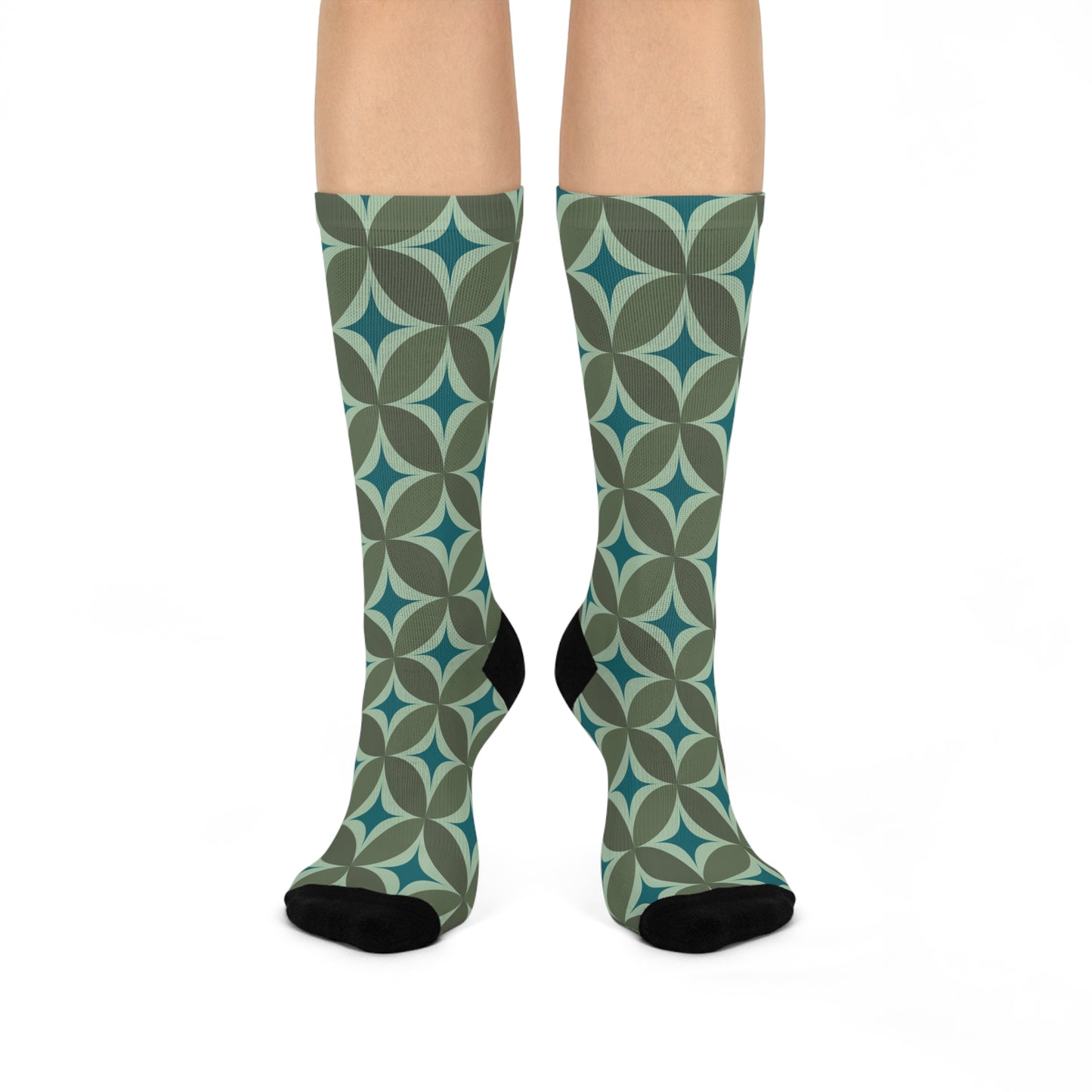 Blue & Green Retro Geometric Pattern Cushioned Crew Socks with 1970's Teal and Sage Green Design