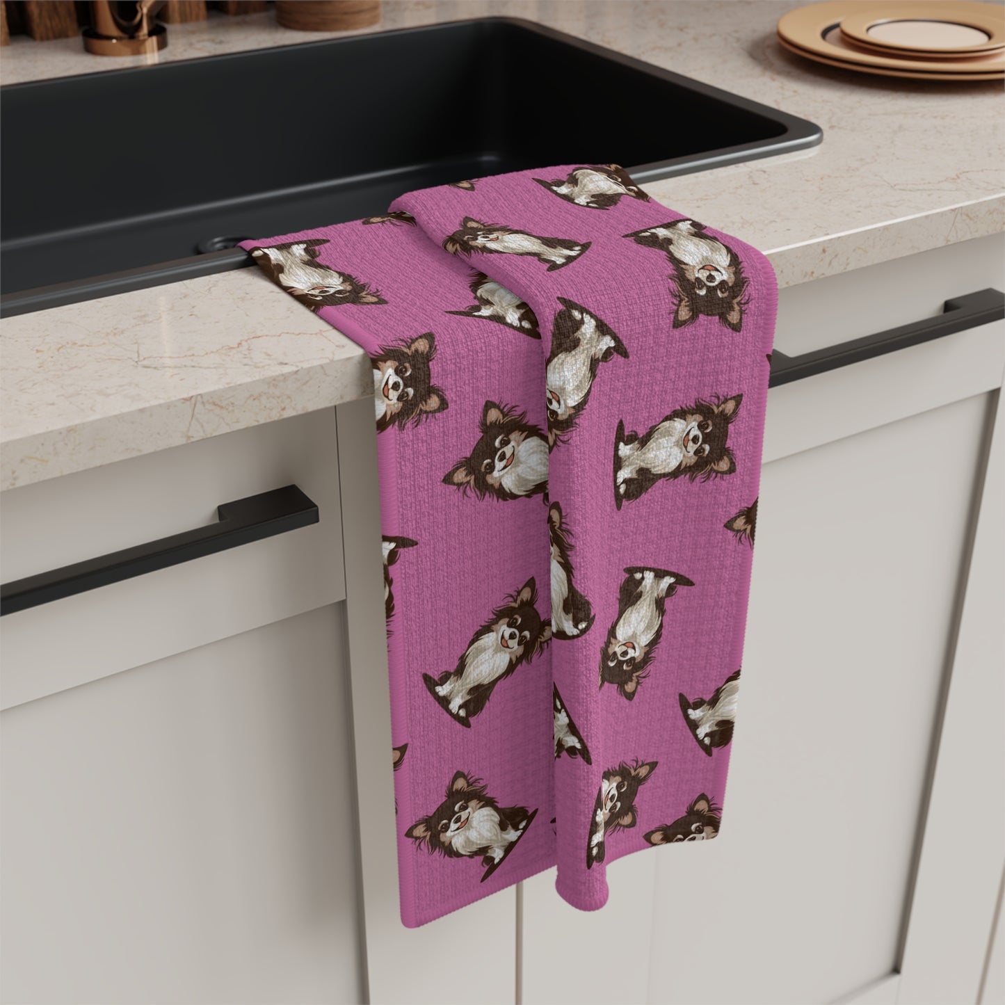Long Haired Chihuahua Dog Kitchen Hand Towel Microfiber Pink Tea Towel with Fluffy Long Coat Chihuahuas Puppy Dogs Pattern