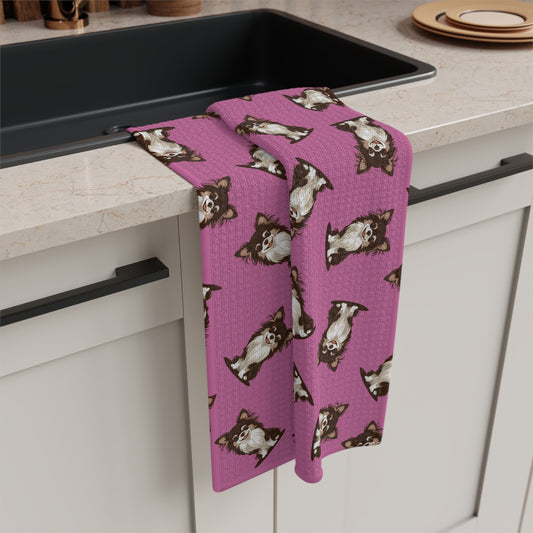 Long Haired Chihuahua Dog Kitchen Hand Towel Microfiber Pink Tea Towel with Fluffy Long Coat Chihuahuas Puppy Dogs Pattern