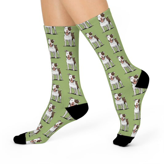Pit Bull Dog Green Cushioned Crew Socks with Cute Pitbull Dogs Pet Pattern - Unisex Socks One Size Womens Size 5 to Mens Size 12