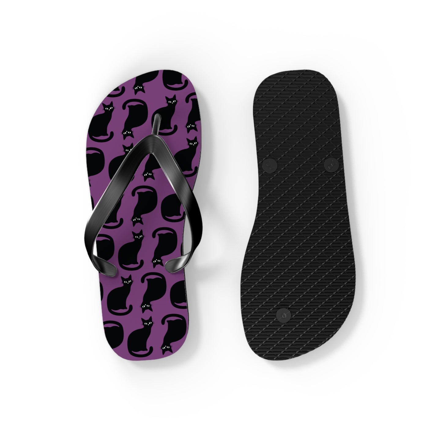 Black Cat Pattern Flip Flops | PurpleGoth Cat Silhouette Beach Sandals, Halloween Spooky Gothic Summer Footwear