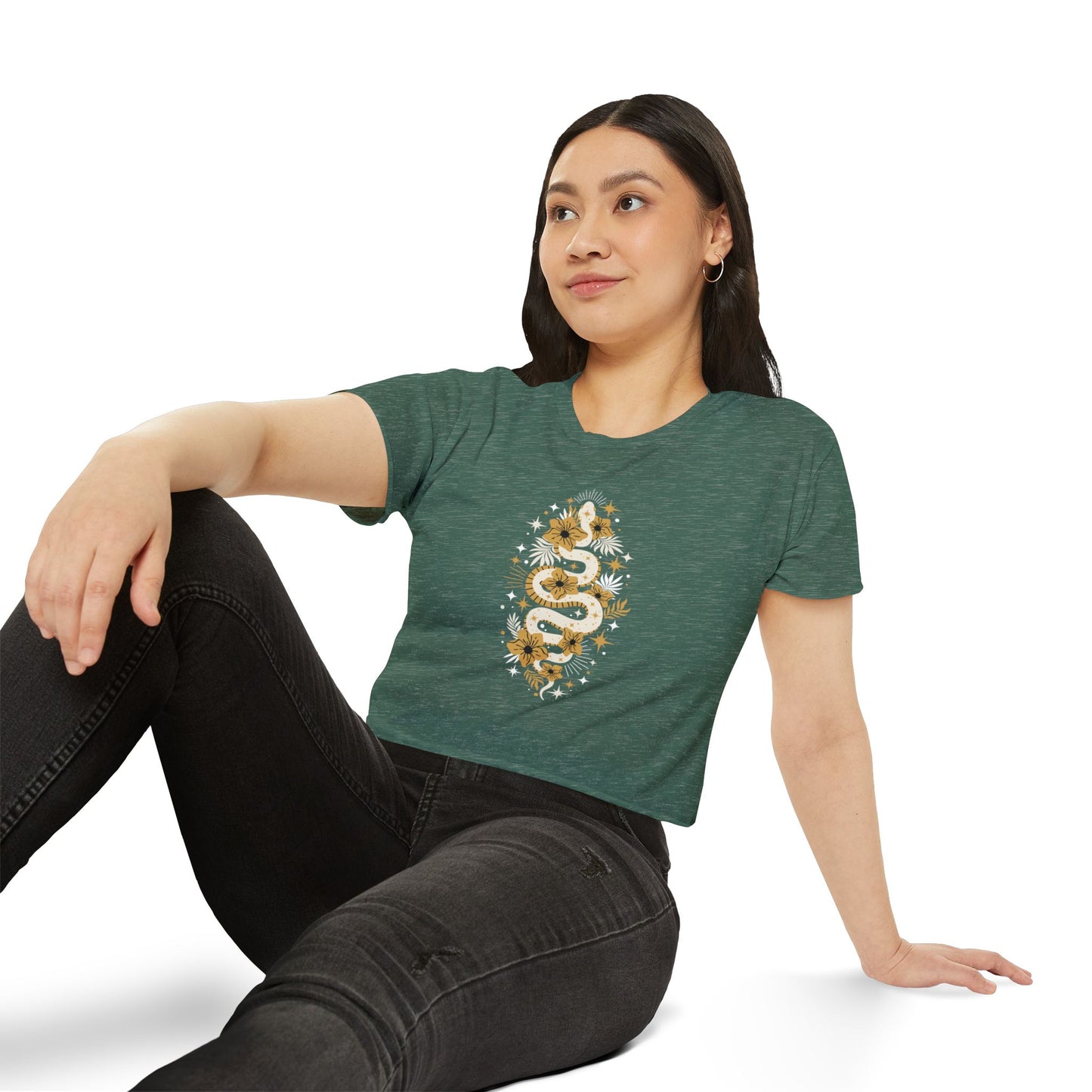 Mystic Golden Snake Women's Boho Crop Top, Festival T-shirt, Bohemian Serpent Shirt, Hippie Tee, Occult Cropped Shirt, Festival Clothing