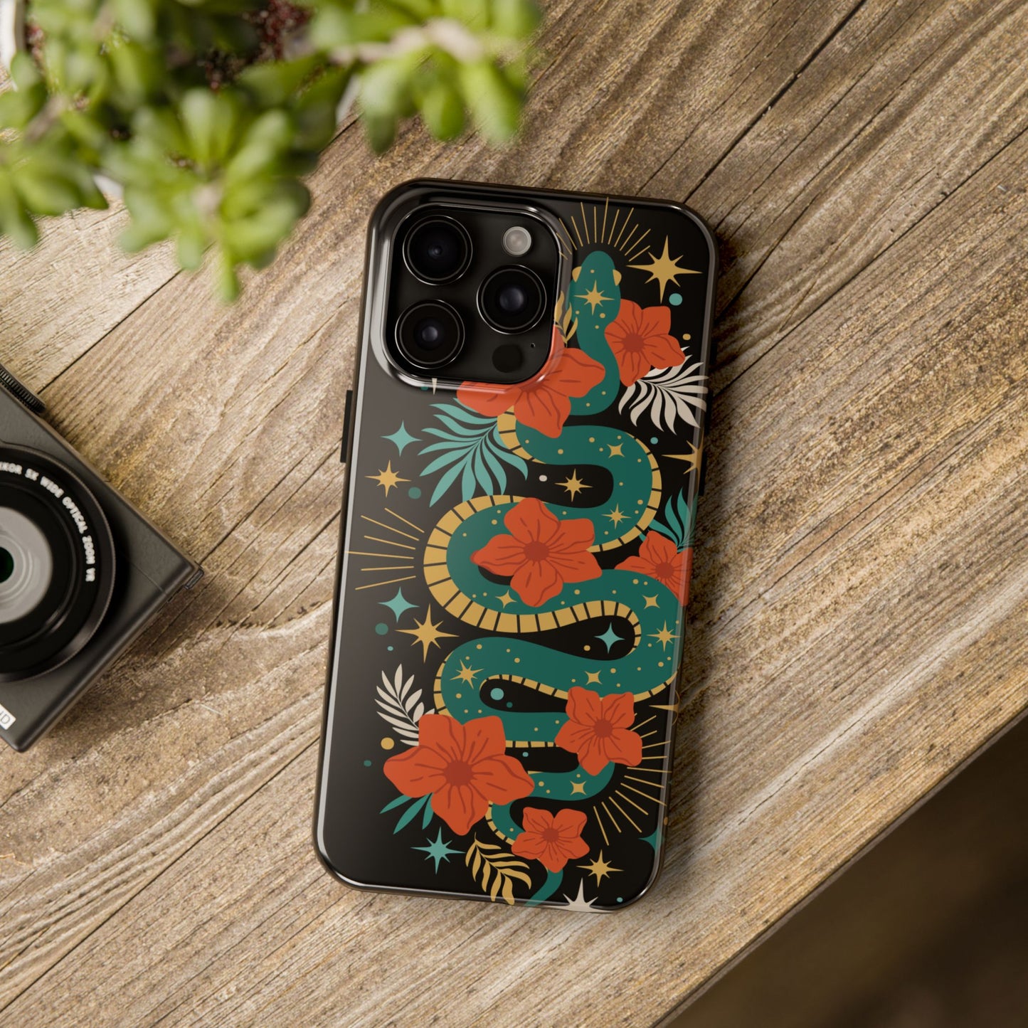 Mystic Snake Cell Phone Case, Black Tough Phone Cases Boho Serpent Snakes Floral Design