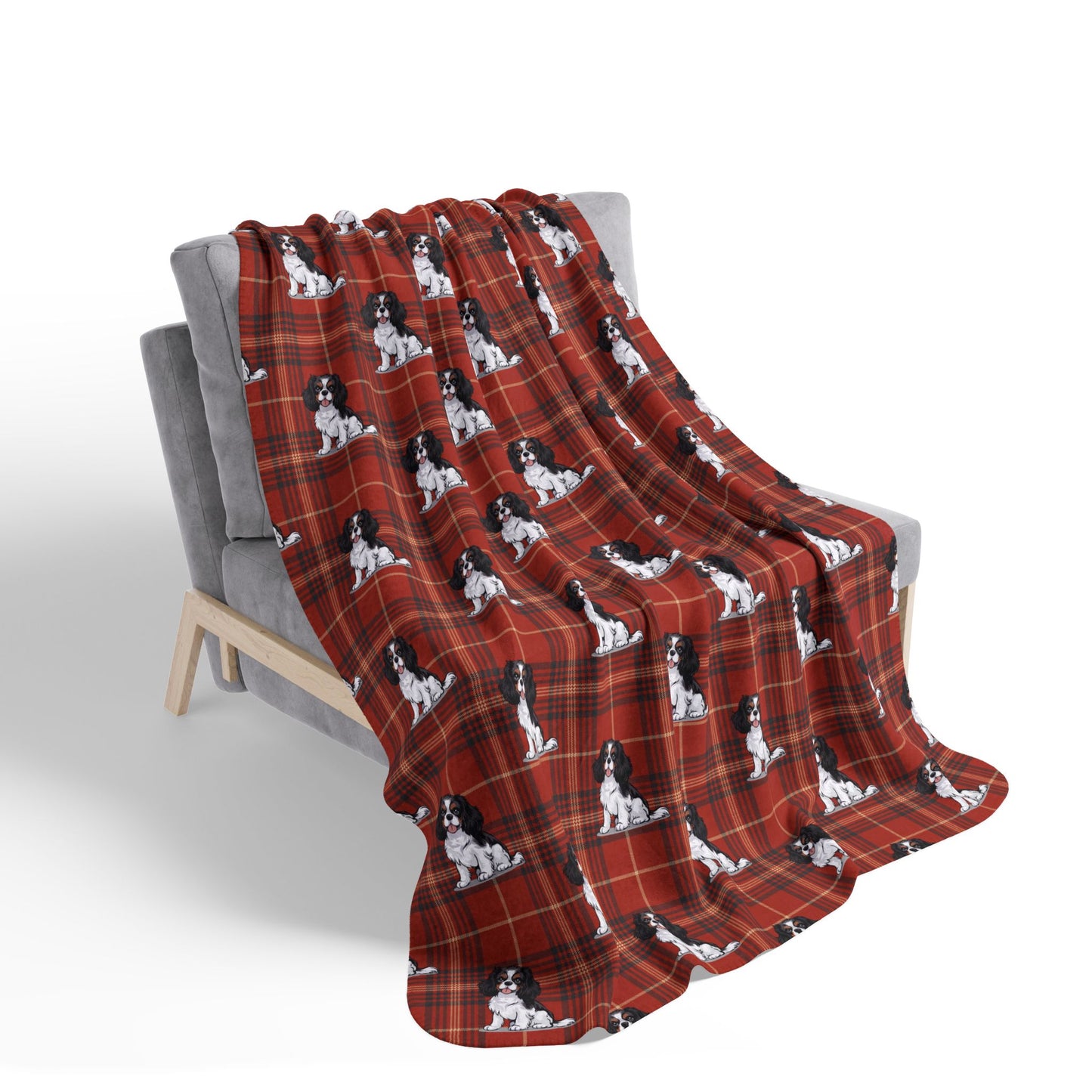 Tricolor Cavalier King Charles Spaniel Red Plaid Fleece Sherpa Blanket, Dogs Pattern Throw Blankets Bedding