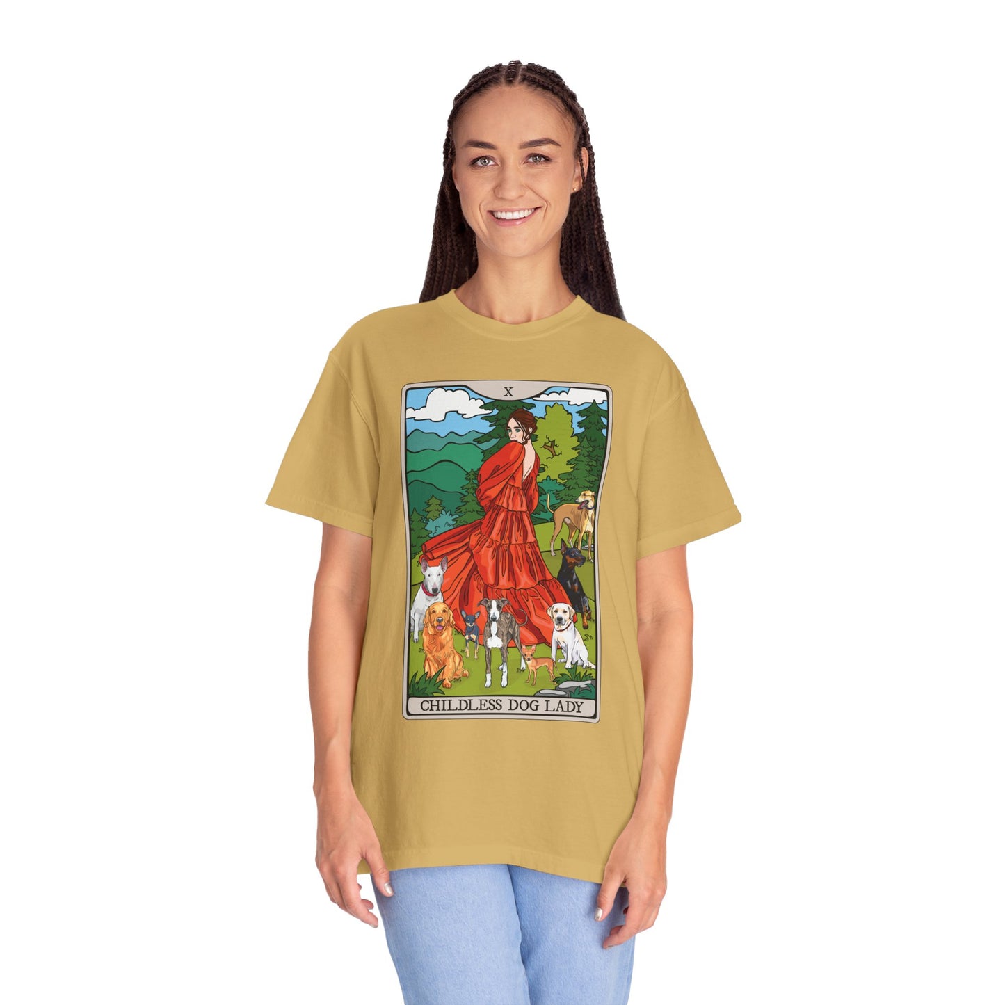 Childless Dog Lady Tarot Card Cotton T-shirt Child-Free Dog Mom Tee with Woman and Dogs Design Garment Dyed Tee