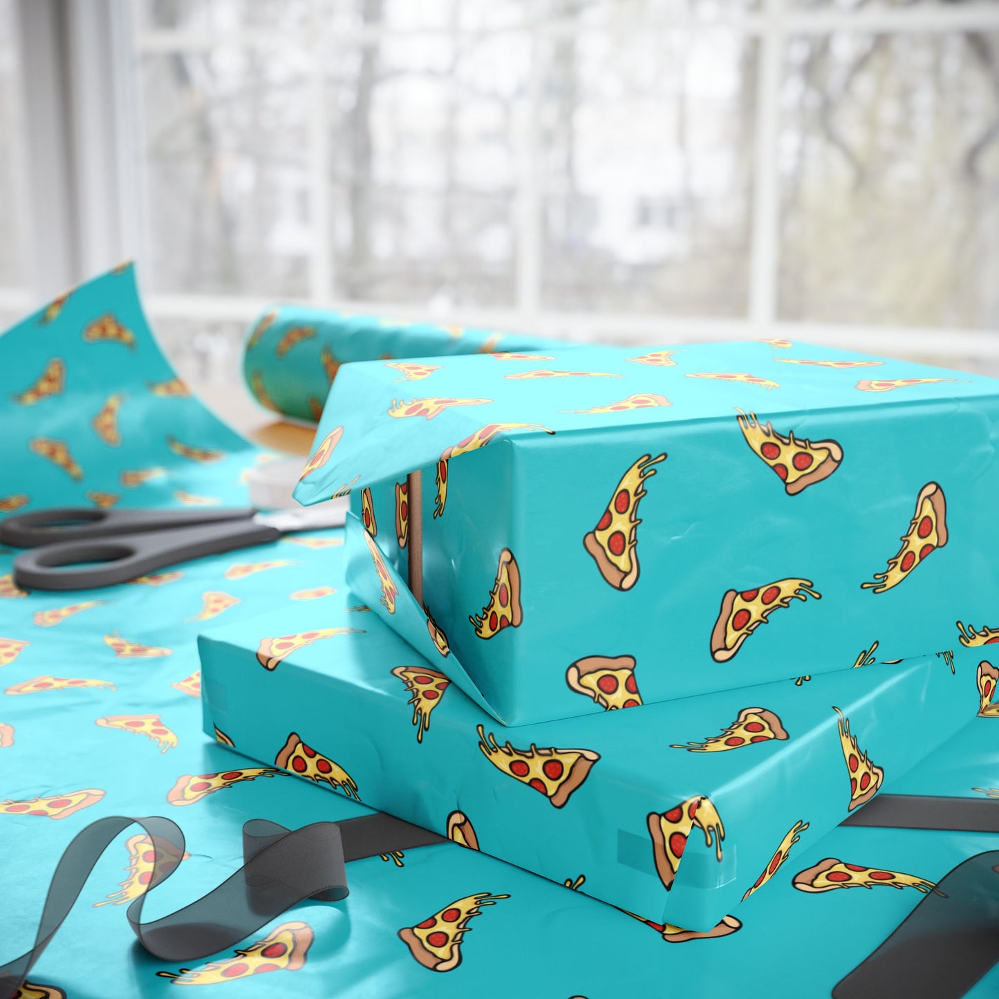 Pizza Slice Pattern Wrapping Paper, Turquoise Cheesy Pepperoni Pizzas Gift Wrap Roll, Fun Silly Novelty Birthday Holiday Gifts