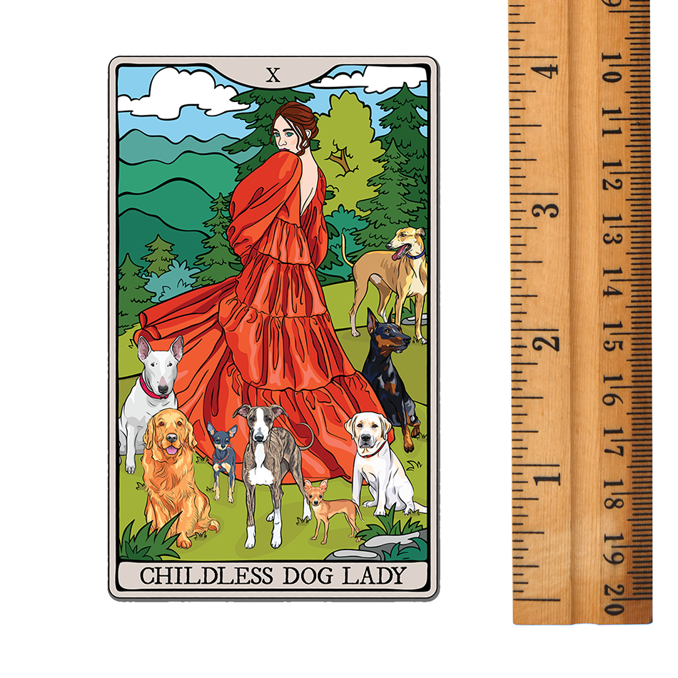 Childless Dog Lady Tarot Card Magnet - 4" Dog Ladies Vinyl Fridge Magnets Indoor Outdoor, Child-Free Woman & Pet Dogs