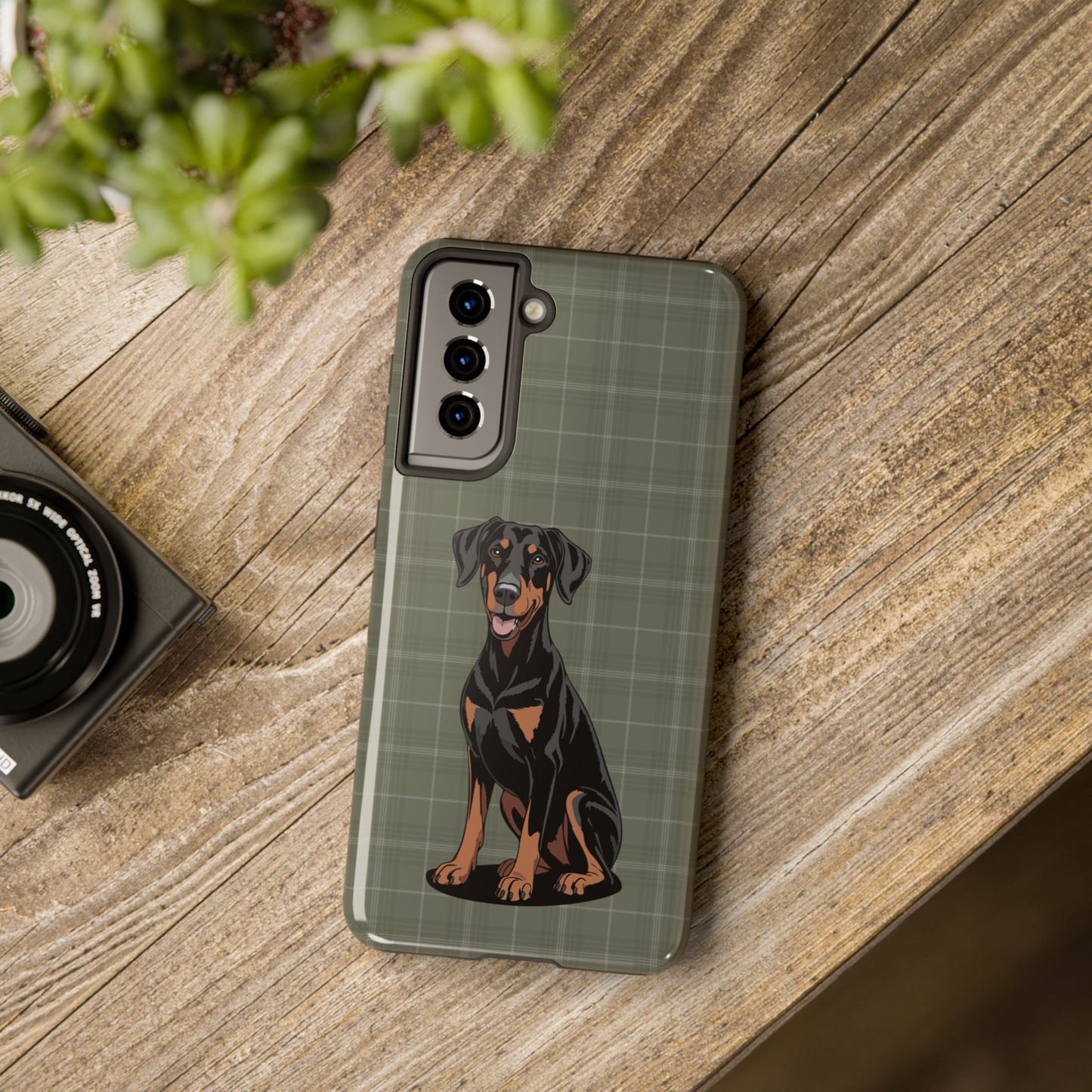 Doberman Pinscher Dog Phone Case, Tough Phone Cases Pet Dogs Green Plaid Pattern