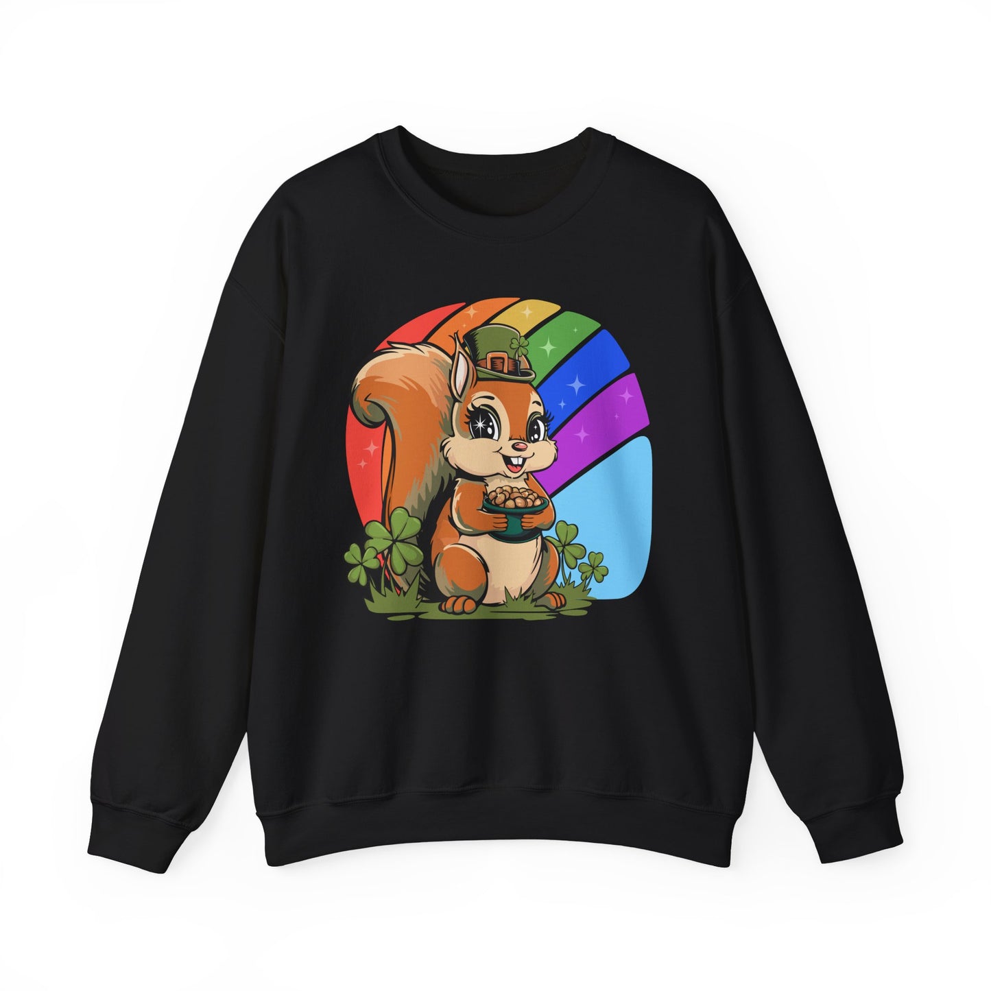 St Patrick's Day Crew Neck Sweatshirt with Leprechaun Squirrel, Spring Holiday Sweater Lucky Charm Unisex Long Sleeve Top