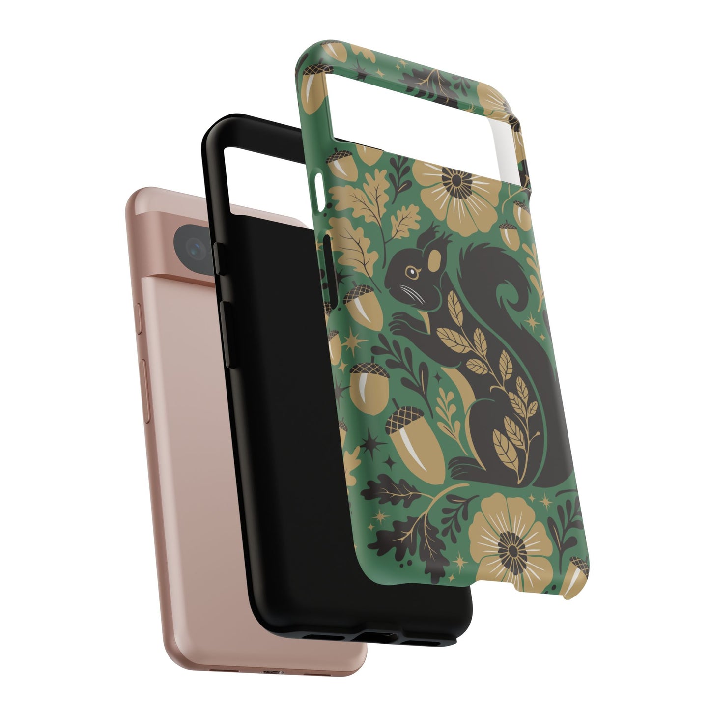 Green Squirrel Floral Pattern Cell Phone Case | Botanical Folk Art Acorn Leaves Design, Iphone Google Pixel Samsung Cases Matte Finish