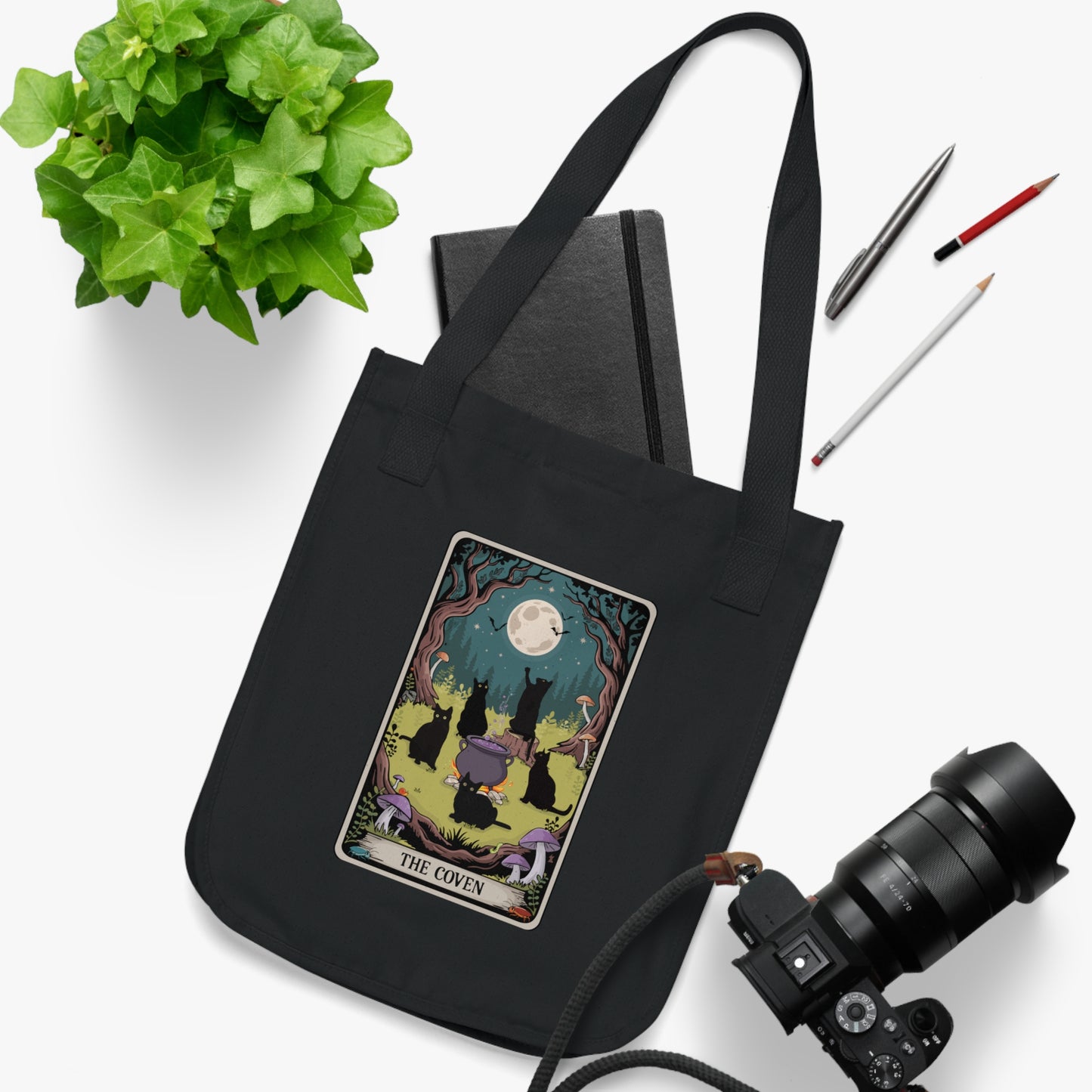 The Coven Black Cat Witches Tarot Card Art Tote Bag | Witchy Full Moon Forest Illustration 100% Cotton Reusable Shopping Bags