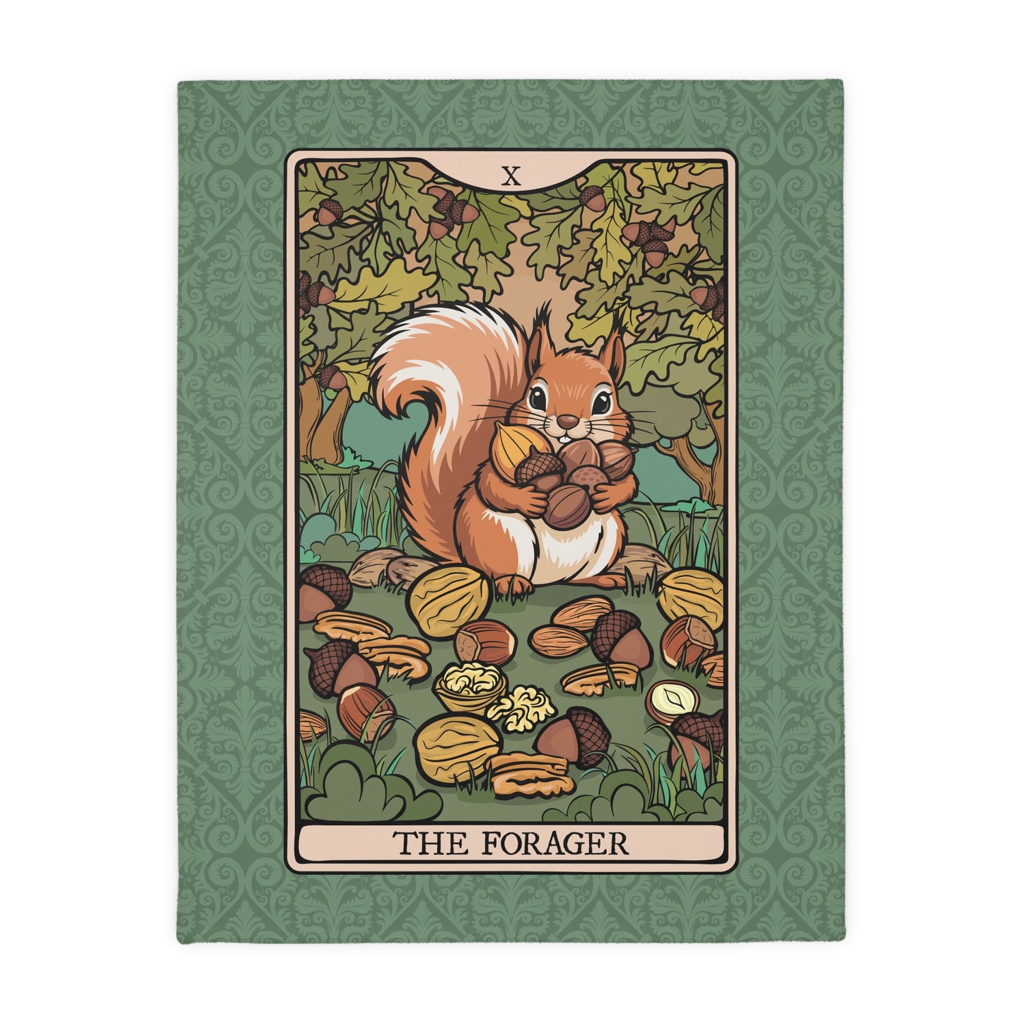 The Forager Squirrel Tarot Card Blanket | Foraging Squirrels Woodland Green Plaid Back Velveteen Plush Throw Blankets Bedding 60x80