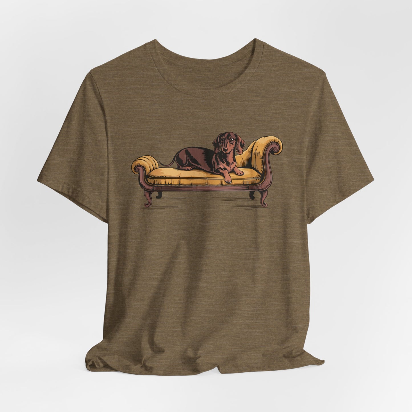 Dachshund Dog on Vintage Chaise Lounge T-Shirt | Wiener Dogs Sofa Illustration Short Sleeve Cotton Tee Shirts