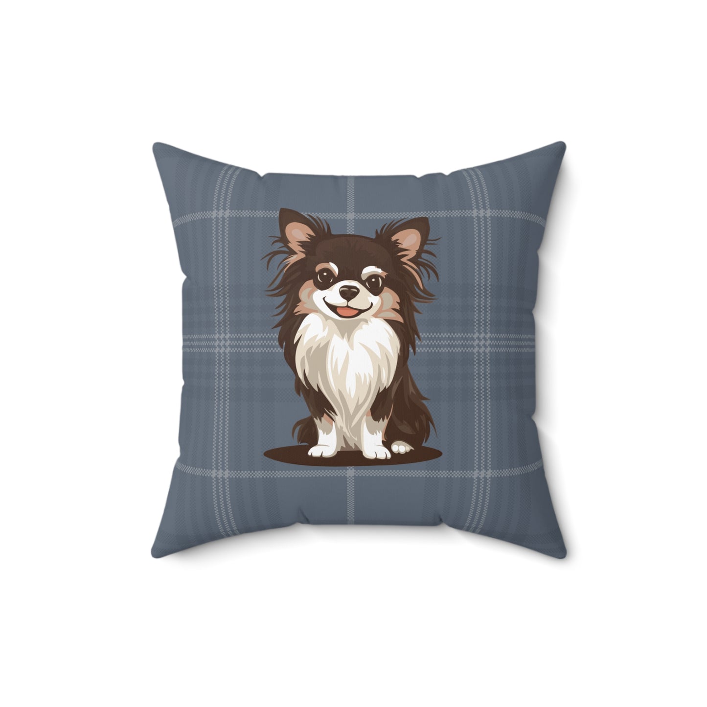 Long Haired Chihuahua Dogs Square Blue Plaid Throw Pillow, Pet Owner Home Decor Pillows, Chihuahuas Dog Memorial Gifts