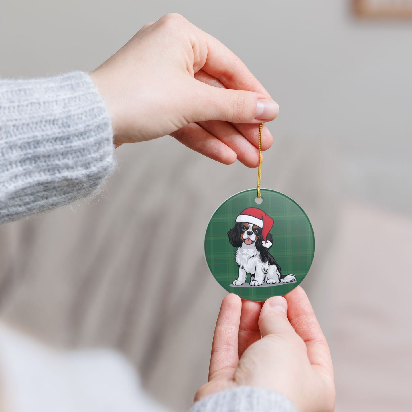 Cavalier King Charles Spaniel Dog Christmas Tree Ornament, Santa Dogs Holiday Decorations, Pet Lover Gift, Green Plaid Ceramic Ornaments