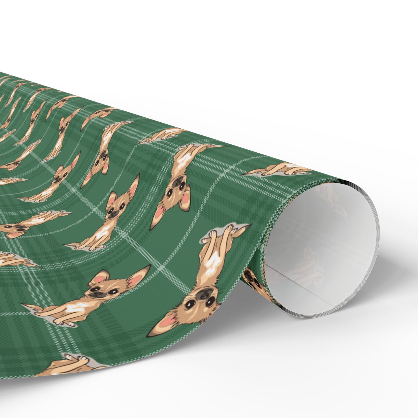 Tan Chihuahua Puppy Dog Wrapping Paper, Green Plaid Dogs Print Gift Wrap Roll, Chihuahuas Christmas Holiday Birthday Matte Wrapping Papers