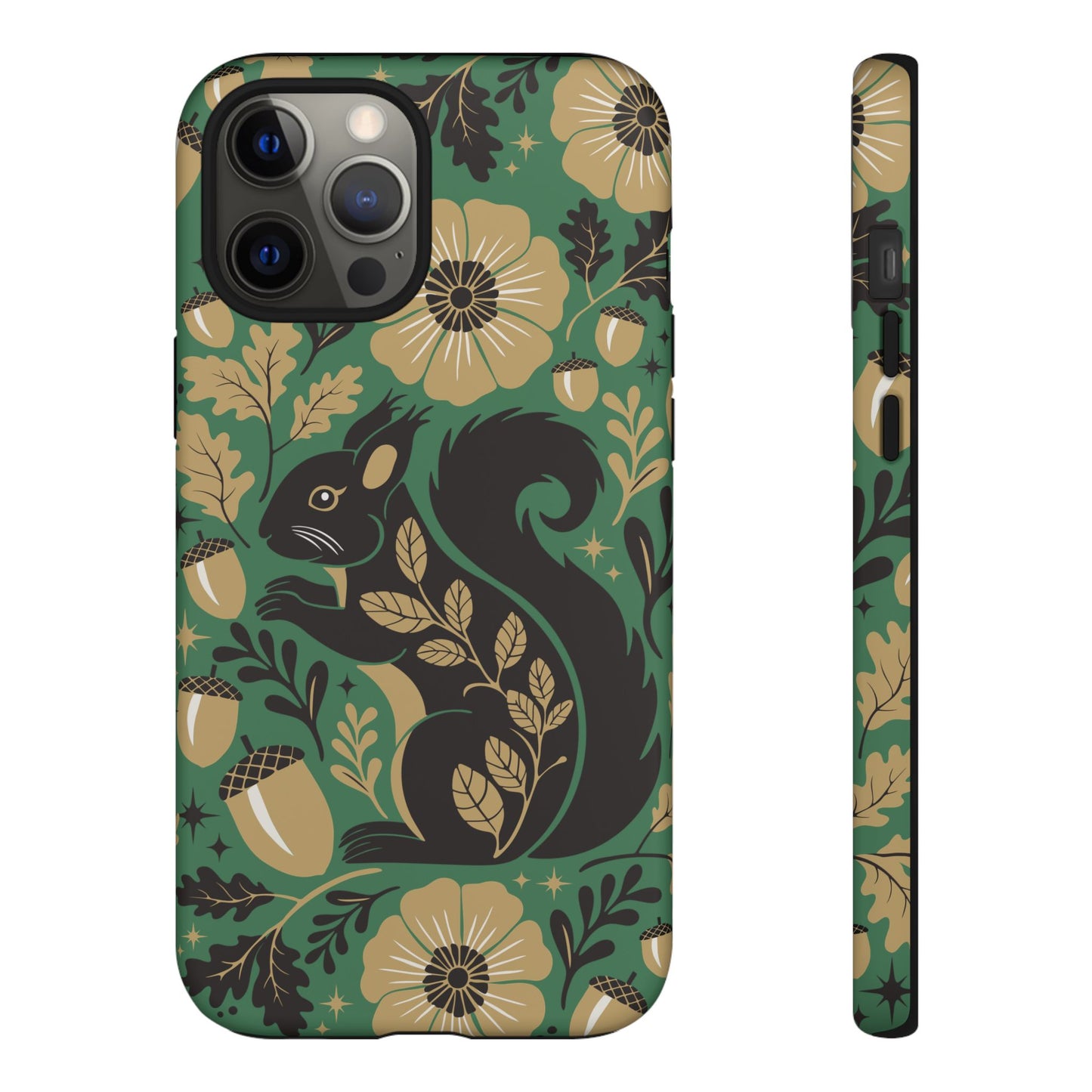 Green Squirrel Floral Pattern Cell Phone Case | Botanical Folk Art Acorn Leaves Design, Iphone Google Pixel Samsung Cases Matte Finish