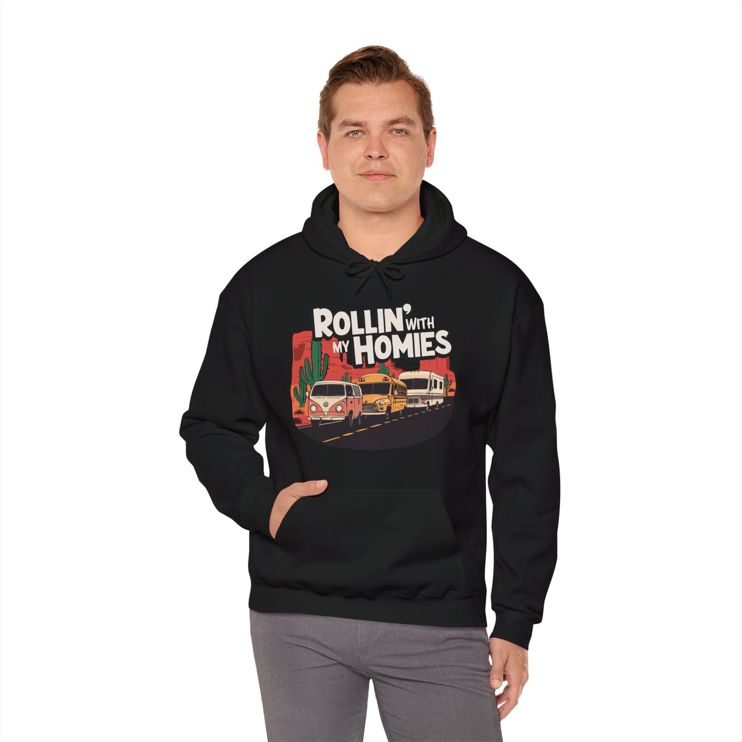 Rollin' With My Homies Hoodie Van Skoolie RV Vanlife Caravan in the Desert Black Long Sleeve Pullover Hoodies Hooded Sweatshirt