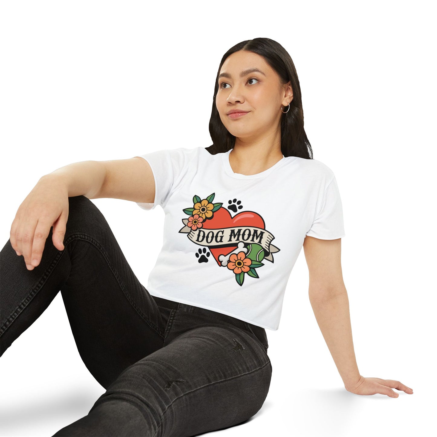 Dog Mom Heart Tattoo Crop Top | Retro Artwork Cropped T-shirt Floral Dogs Paw Print Design, Childless Dog Lady Pet Owner Tattoos Tee