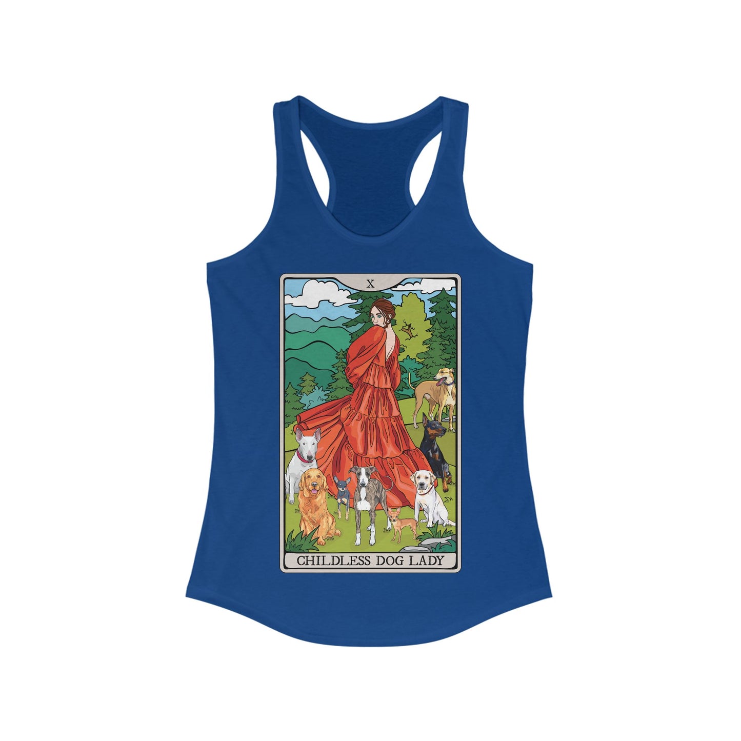 Childless Dog Lady Tarot Card Women's Racerback Tank Top Child-Free Dog Mom Shirt with Woman and Dogs Design