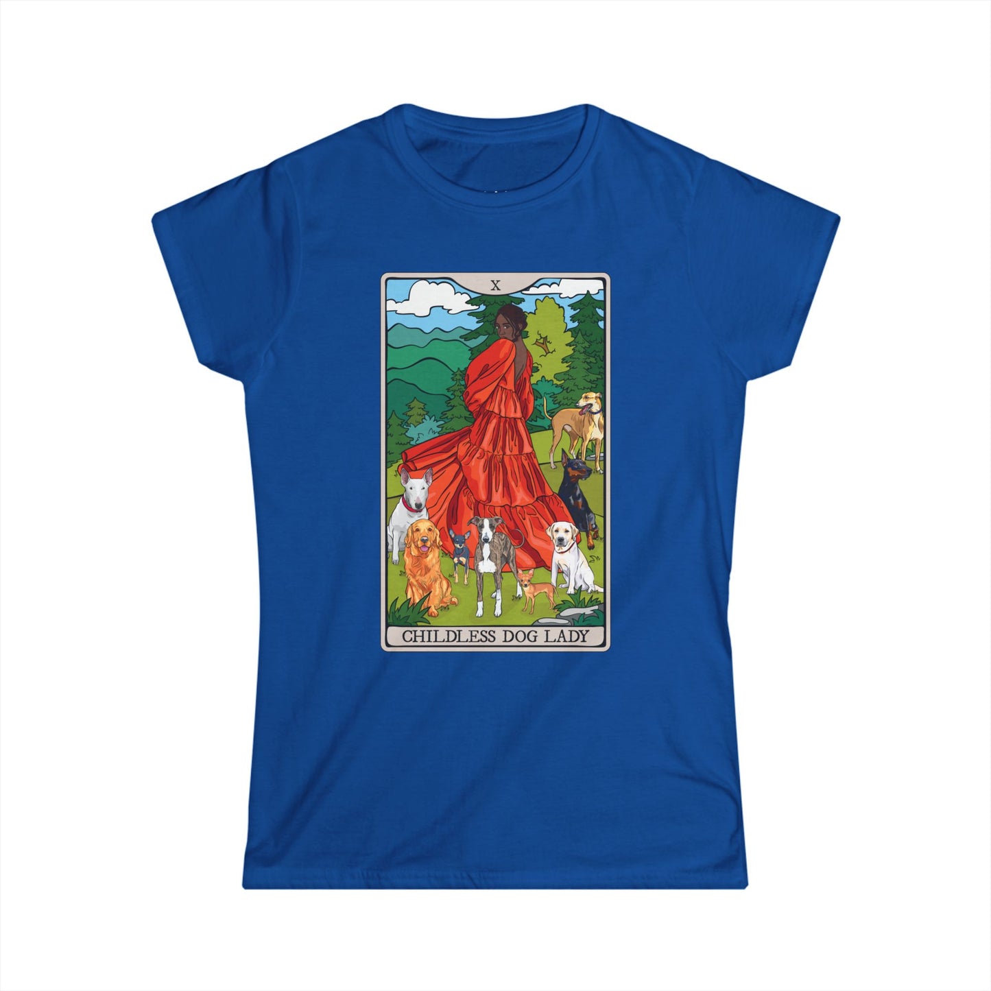 Childless Dog Lady Tarot Card Women's Fitted T-shirt Child-Free Dog Mom Tee with Woman and Dogs Design