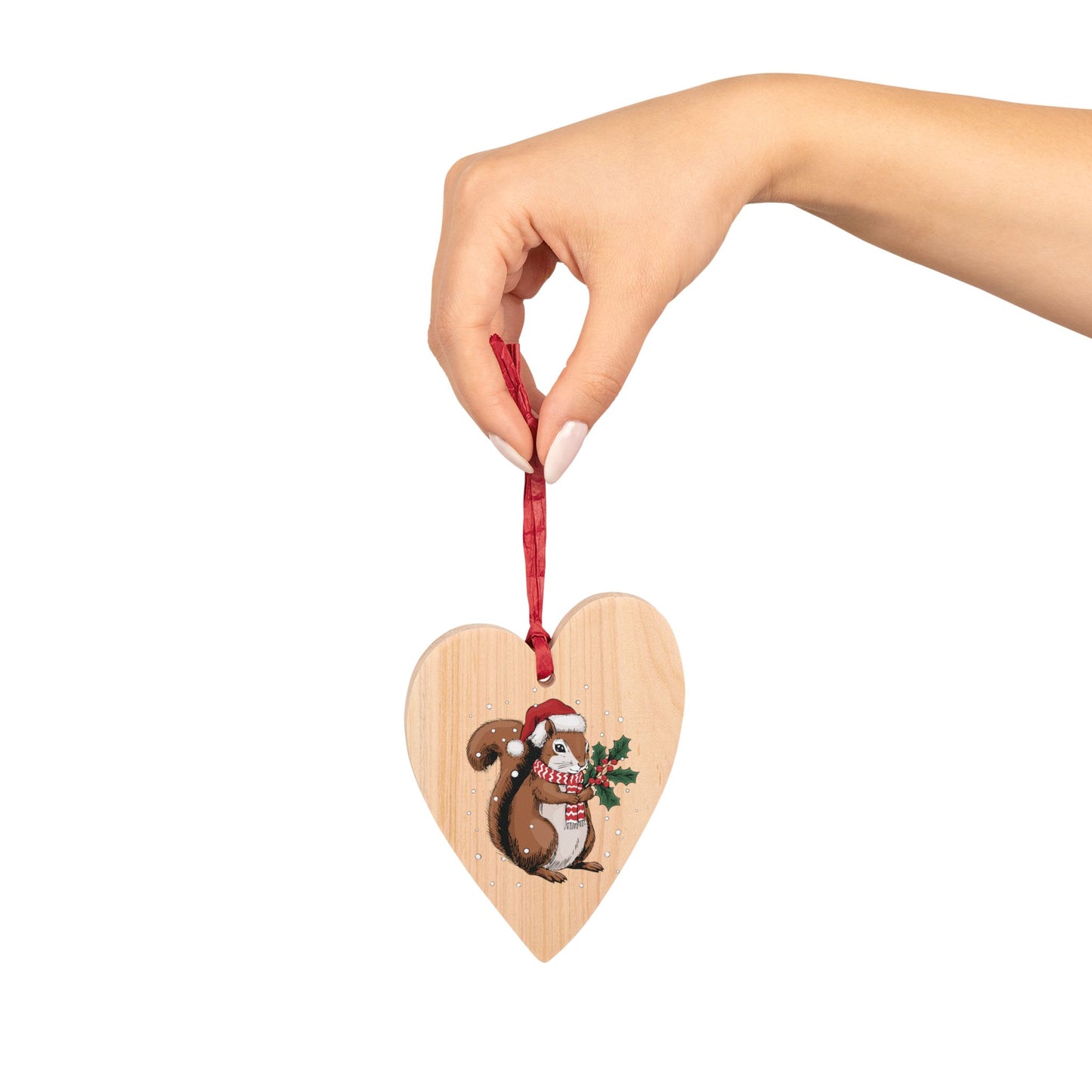 Holiday Squirrel Wooden Christmas Tree Ornaments, Festive Holiday Xmas Squirrels In Santa Hat Oval Or Heart Shape Ornament Seasonal Decor