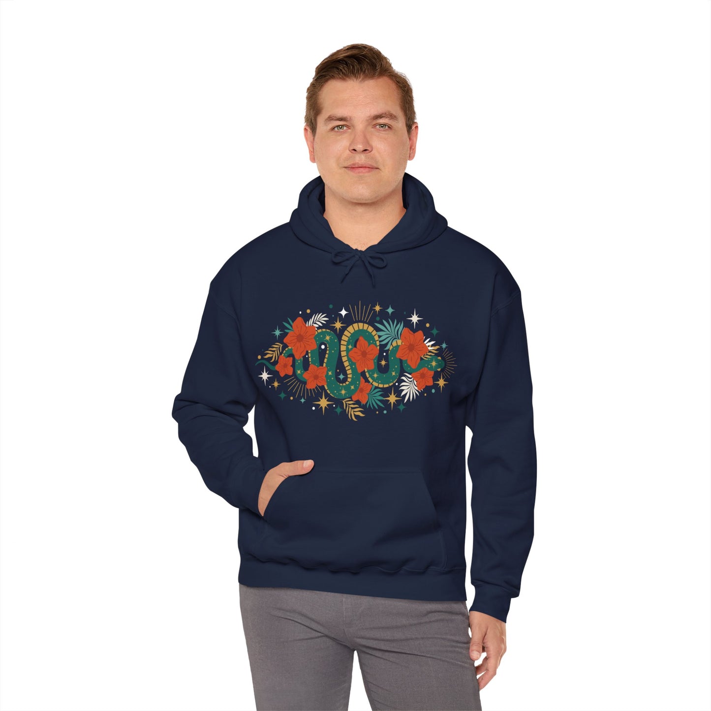 Mystic Jade Snake & Flower Unisex Hoodie, Boho Pullover Hooded Sweatshirt, Bohemian Witchy Snake Print Hoodies