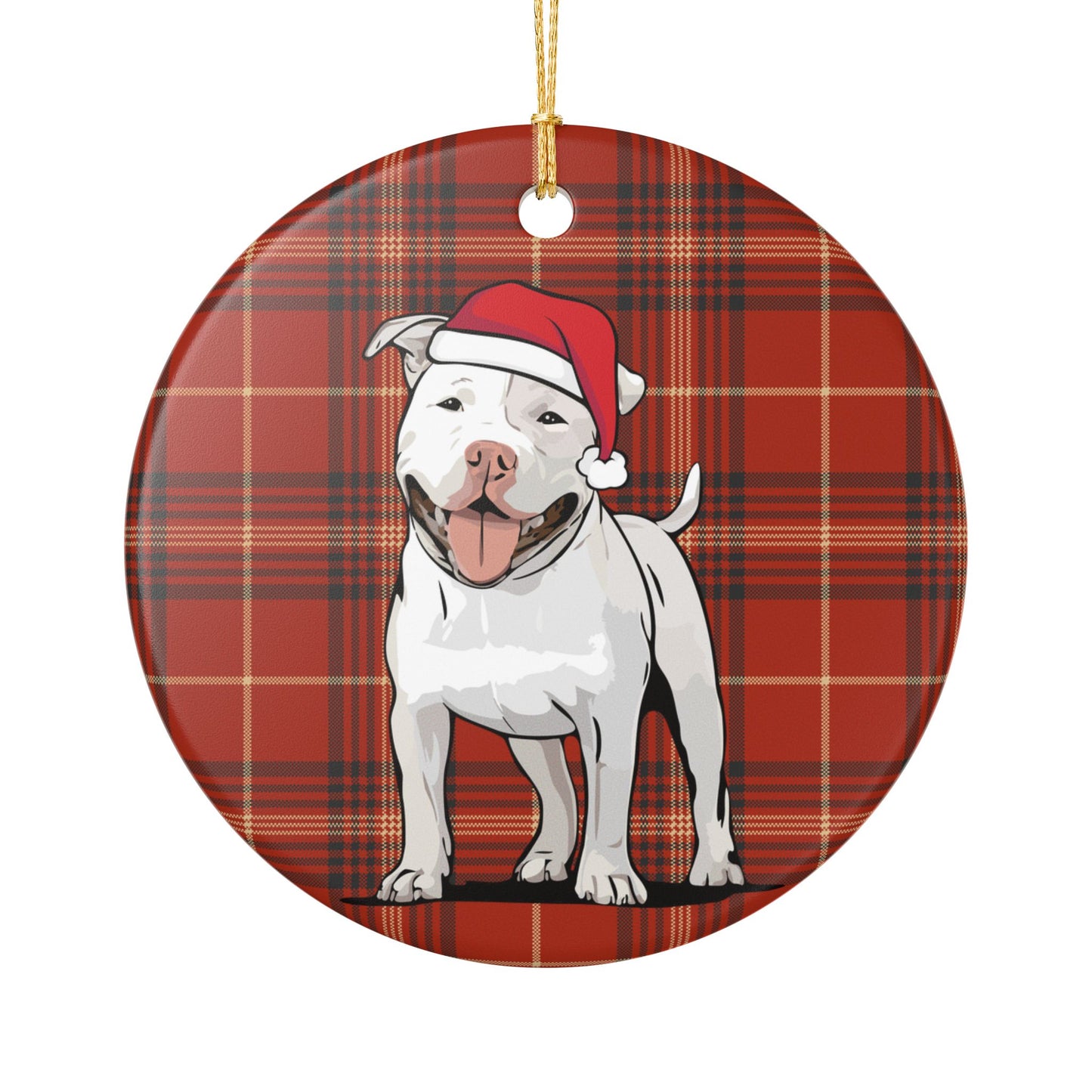 Santa Pit Bull Dog Christmas Tree Ornament, Xmas Pitbull Dogs Holiday Decorations, Pet Lover Gift, Red Plaid Ceramic Ornaments
