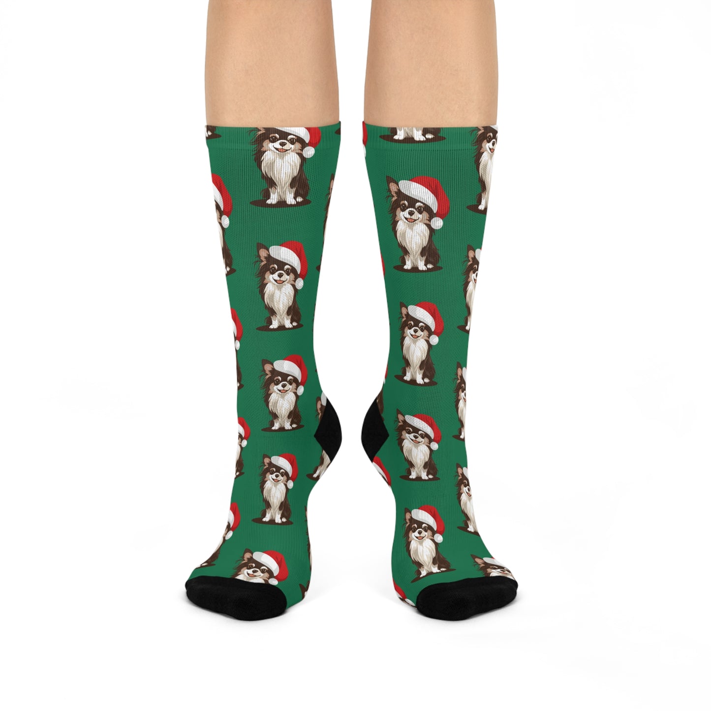 Christmas Santa Long Haired Chihuahua Dog Crew Socks, Festive Chihuahua Dogs Novelty Socks, Pet Owner Holiday Gifts, Cozy Winter Footwear