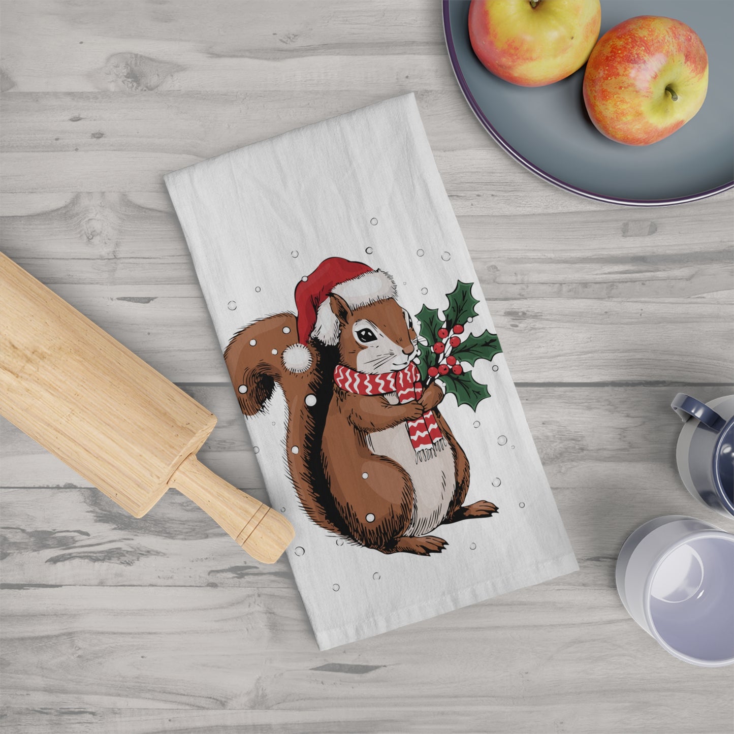 Holiday Squirrel Tea Towel, Christmas Santa Squirrels Hand Towels Kitchen Home Decor, Seasonal Accessory