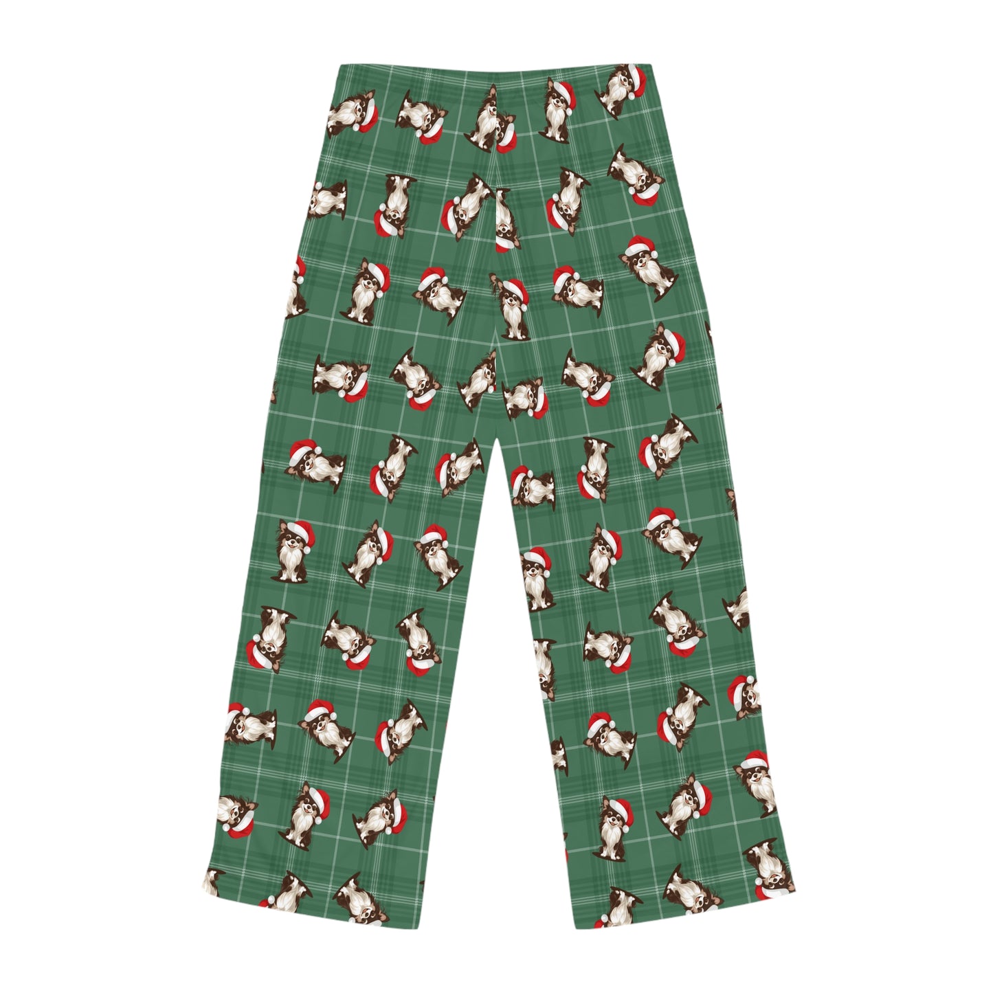 Long Haired Chihuahua Dog Womens Christmas Pajama Pants, Santa Chihuahuas Dogs Green Plaid PJ Bottoms Winter Loungewear, Holiday Sleepwear