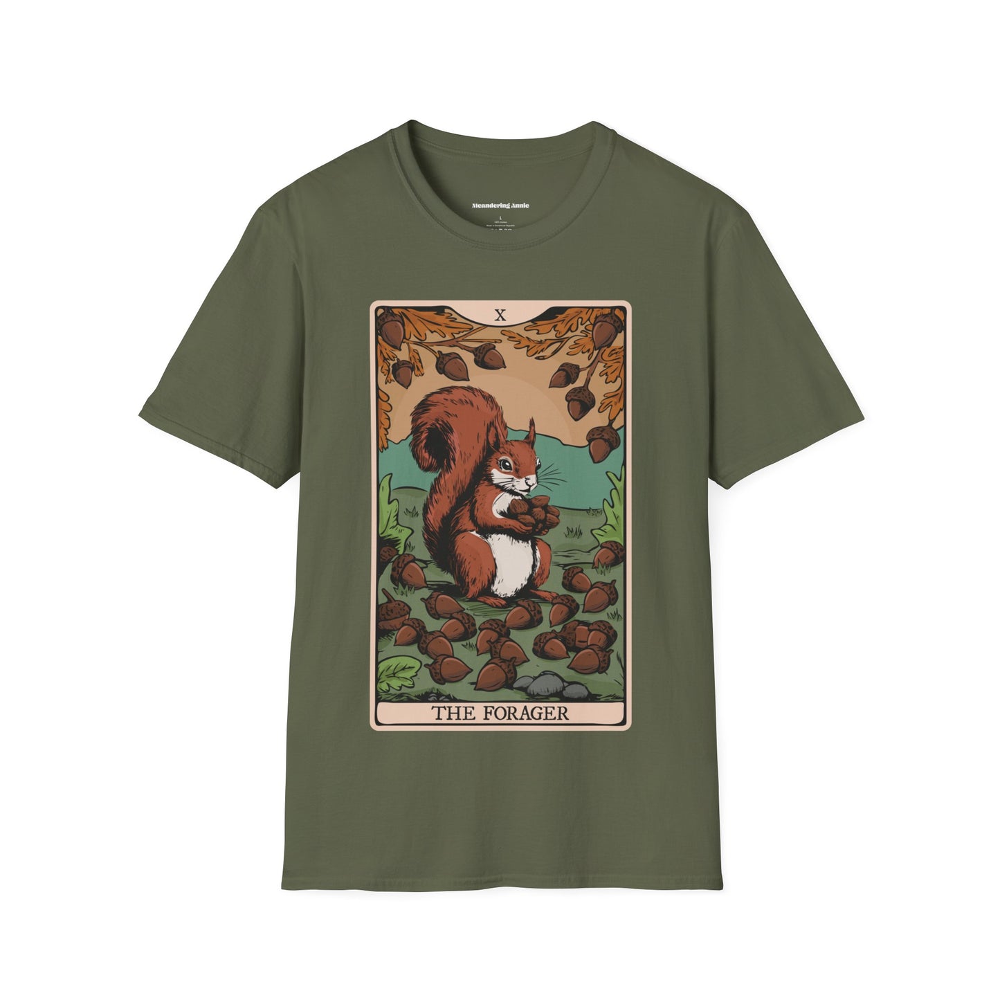 The Forager Squirrel Tarot Card T-shirt Softstyle Tee with Nut Foraging Squirrel Tarot Card Print