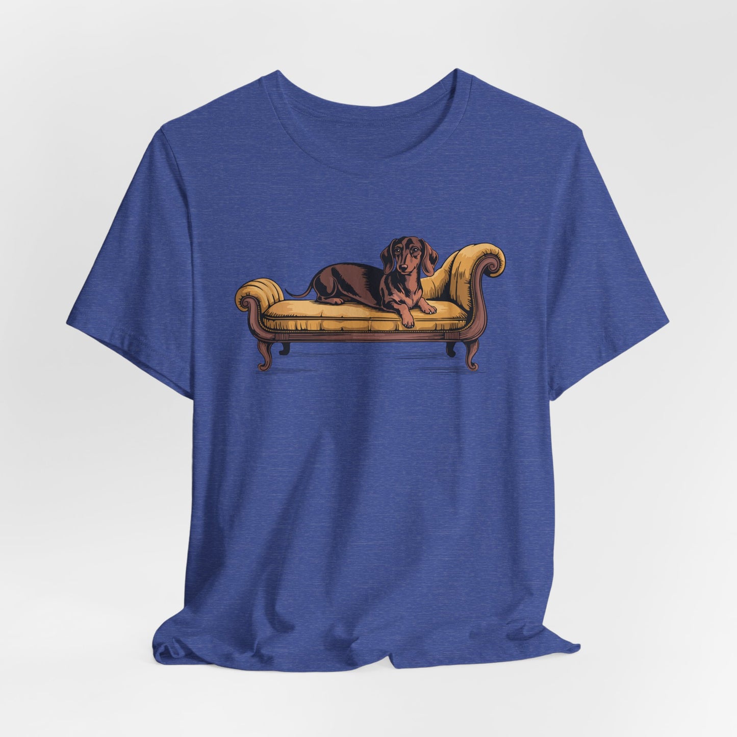 Dachshund Dog on Vintage Chaise Lounge T-Shirt | Wiener Dogs Sofa Illustration Short Sleeve Cotton Tee Shirts
