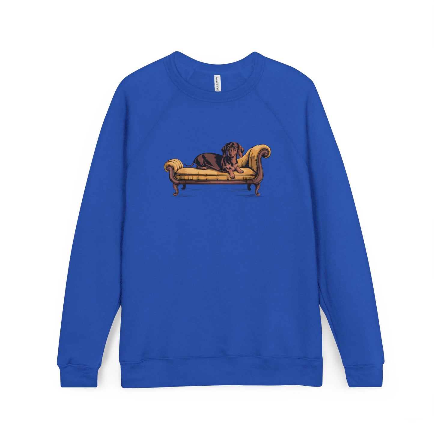Brown Dachshund Dog on Vintage Chaise Lounge Sweatshirt | Wiener Dogs Design Raglan Fleece Sweatshirts