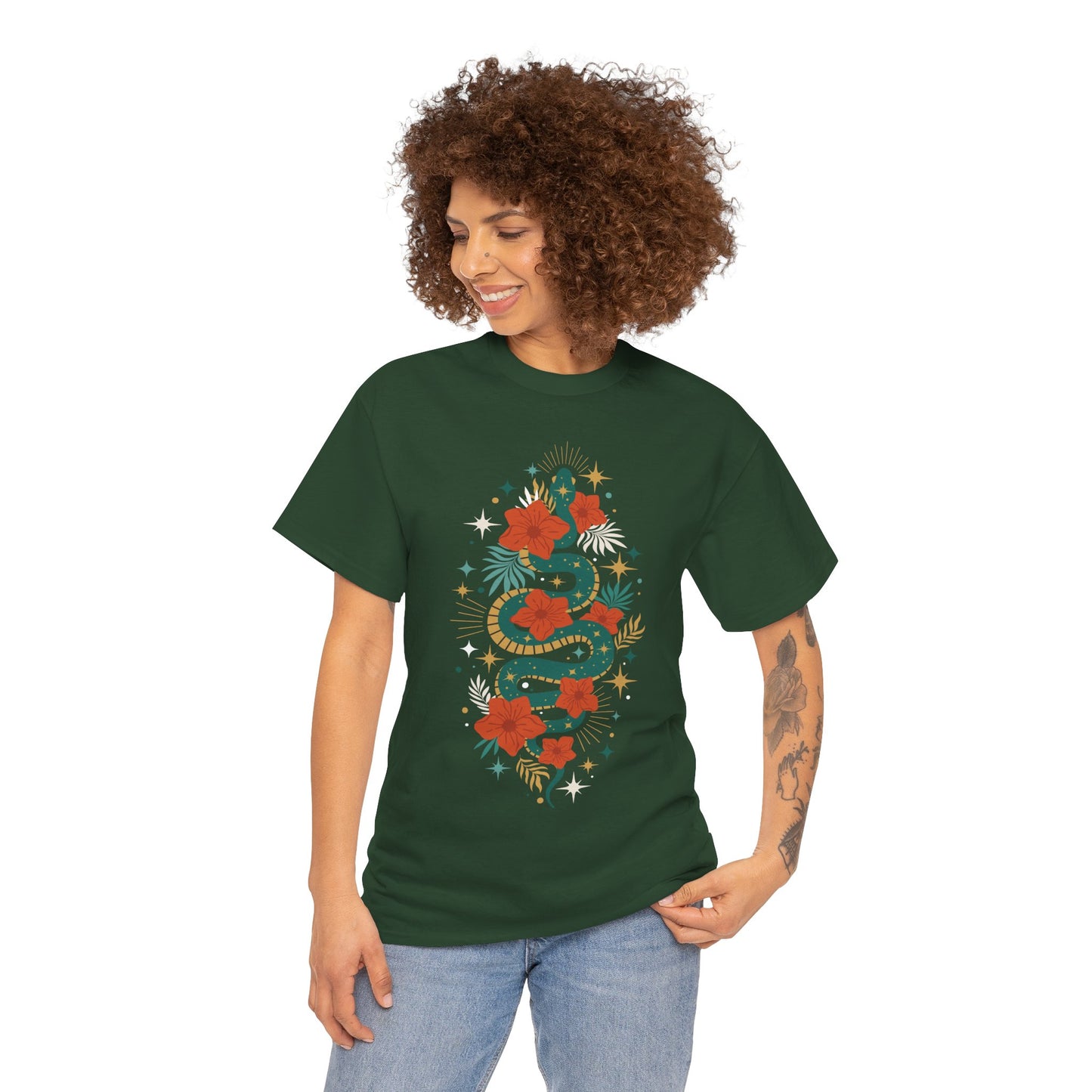 Boho Jade Snake Stars Flowers Cotton Tee, Unisex T-Shirt, Hippie Graphic Print Shirt, Bohemian Festival Top, Celestial Serpent Tee