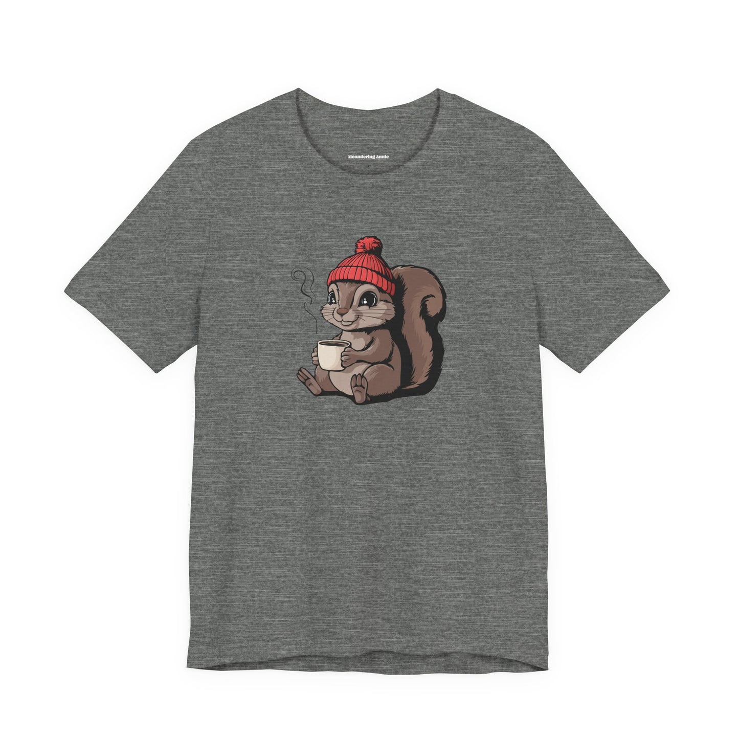 Cozy Squirrel with Coffee T-Shirt | Cute Fall Squirrels Woodland Animal Tee, Short Sleeve Graphic Print Shirts
