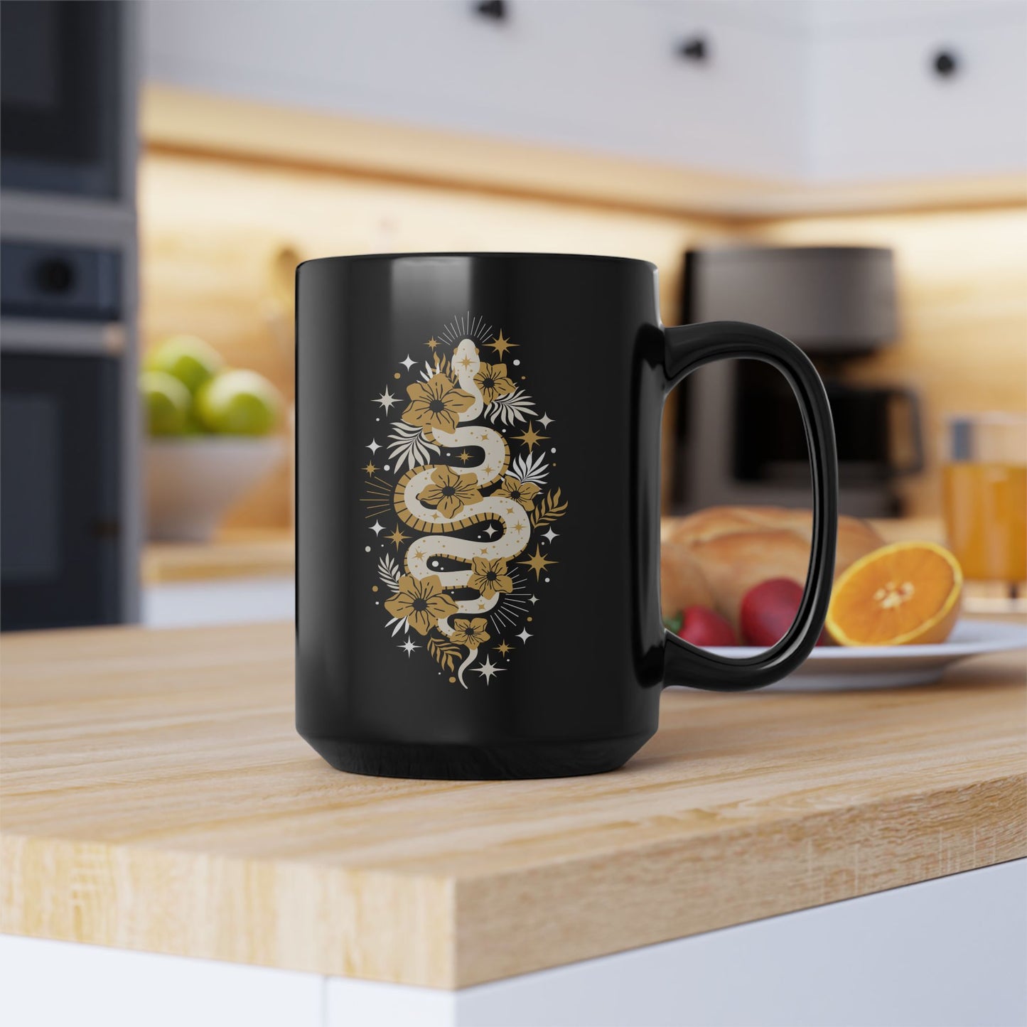 Mystic Golden Snake Black Mug, Boho 15oz Ceramic Coffee Cup, Unique Serpent Design, Coffee Lovers Mugs