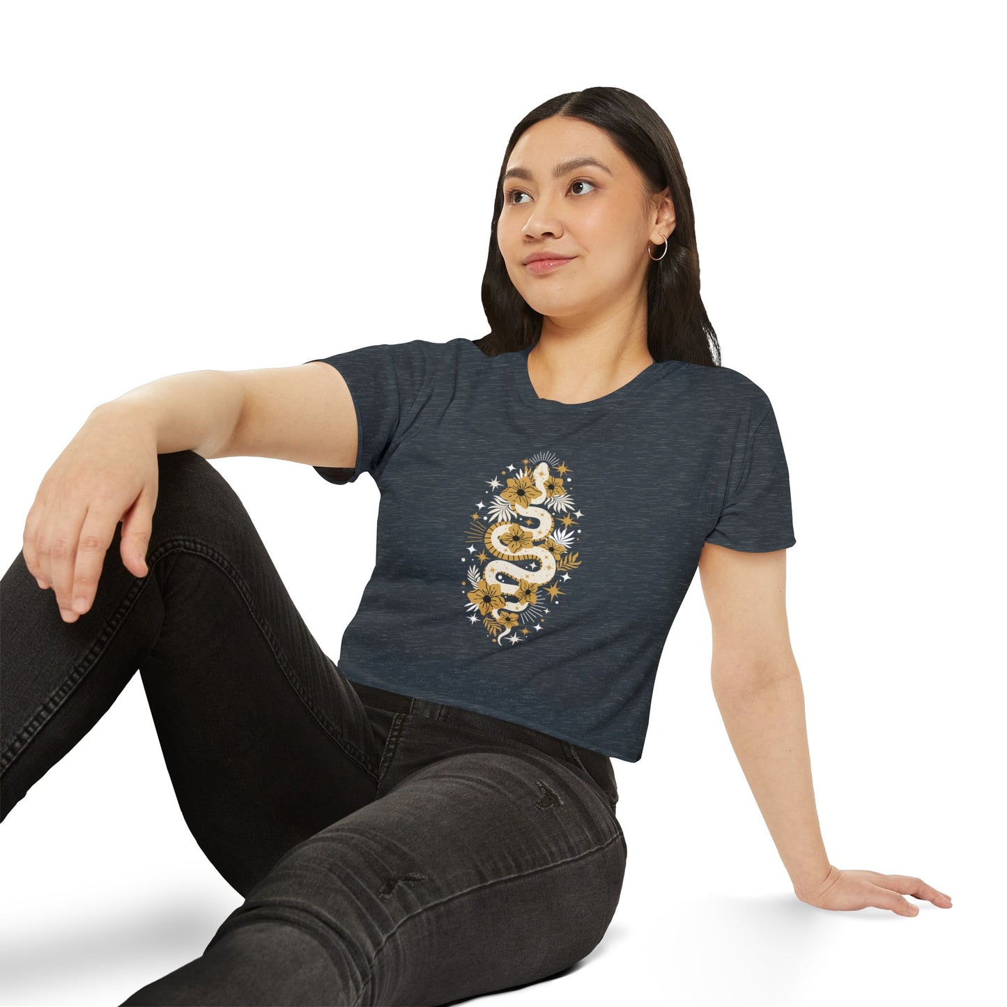 Mystic Golden Snake Women's Boho Crop Top, Festival T-shirt, Bohemian Serpent Shirt, Hippie Tee, Occult Cropped Shirt, Festival Clothing